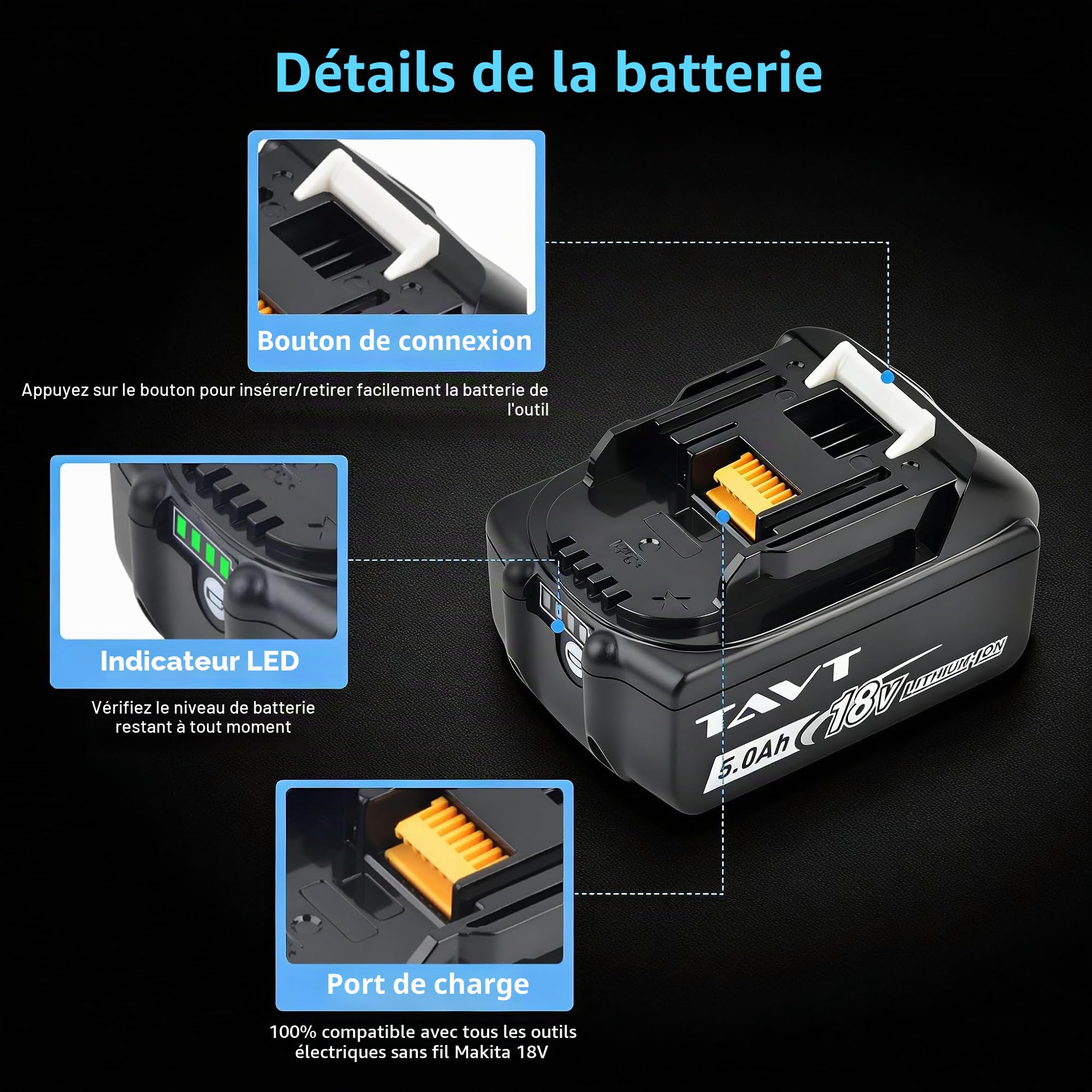 Lot de 2 batteries 18 V 5 Ah BL1850 et DC18RC chargeur compatible avec batterie Makita 5.0ah 18V BL1850B, BL1860, BL1860B, BL1840, BL1830, BL1820