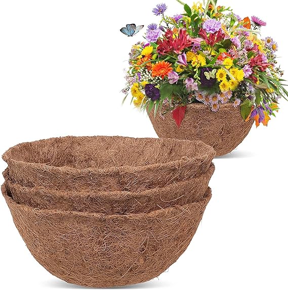 4PCS Hanging Basket Liner, Coco Fiber Liners for Hanging Baskets Plant Flower Growth, Indoor