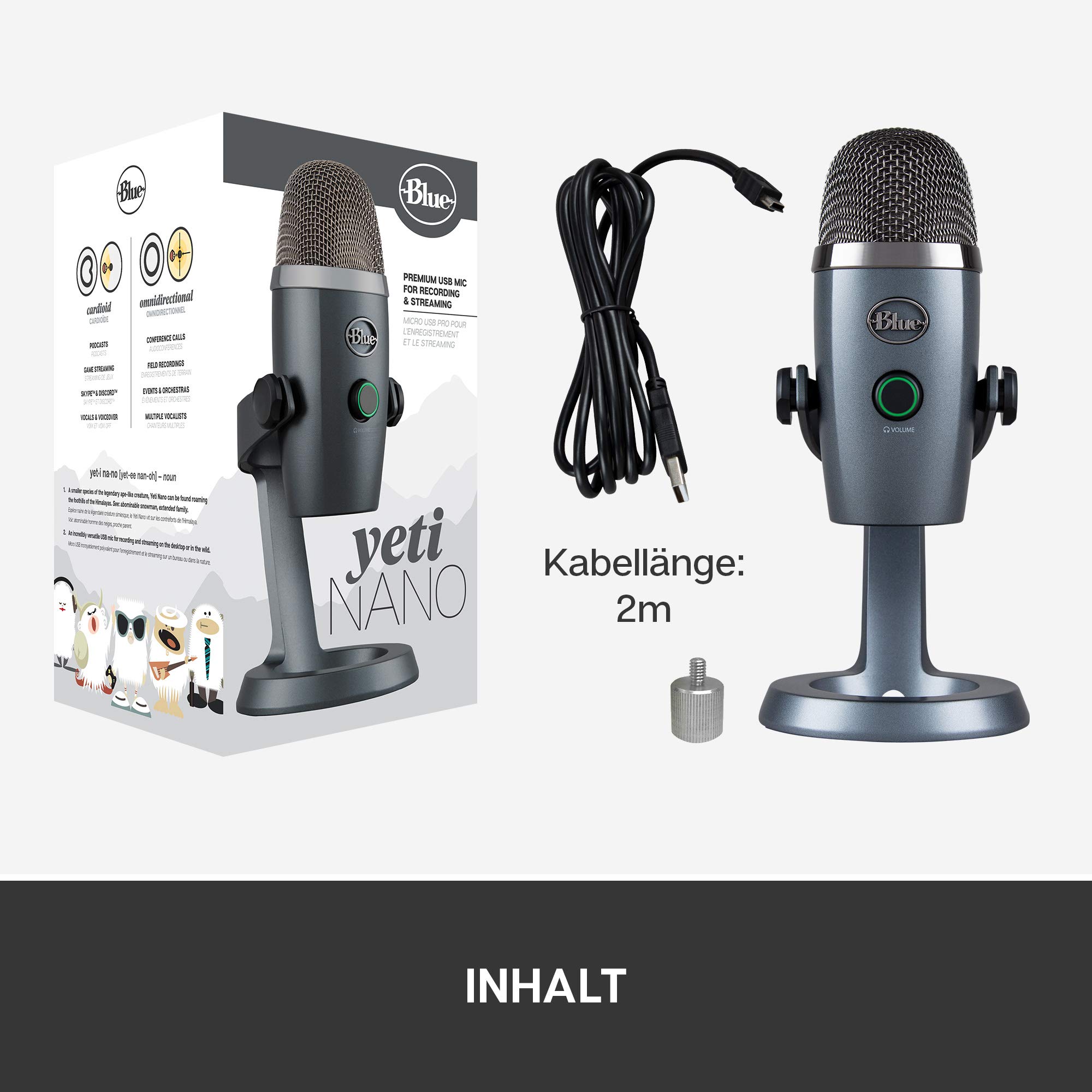 Blue Yeti Nano Premium USB-Mikrofon für Aufnahmen, Streaming, Gaming, Podcasting auf PC und Mac, Mit Blue VO!CE-Effekten, Nieren- und Kugelcharakteristik, Latenzfreies Monitoring - Grau