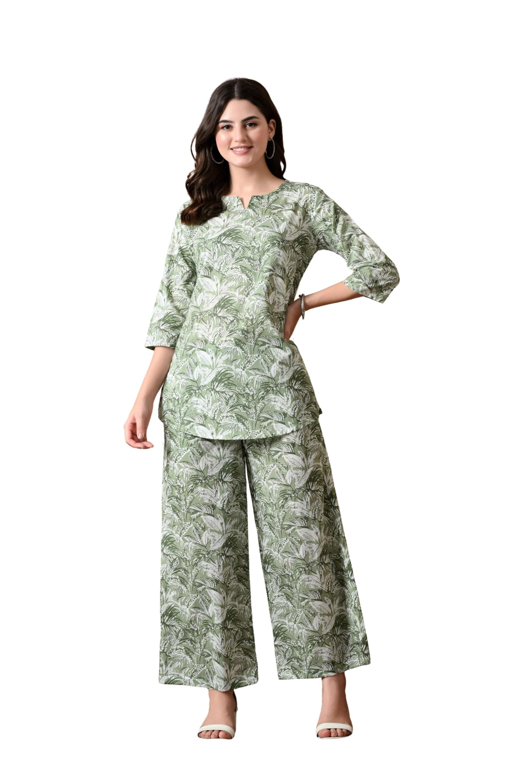 Dennis Lingo Women Cotton Blend Printed Co-Ord Set | Straight Kurta with Palazzo Pants | 3/4 Sleeves | Casual Ethnic Wear | Stylish Two Piece Outfit for Office, Daily in multi