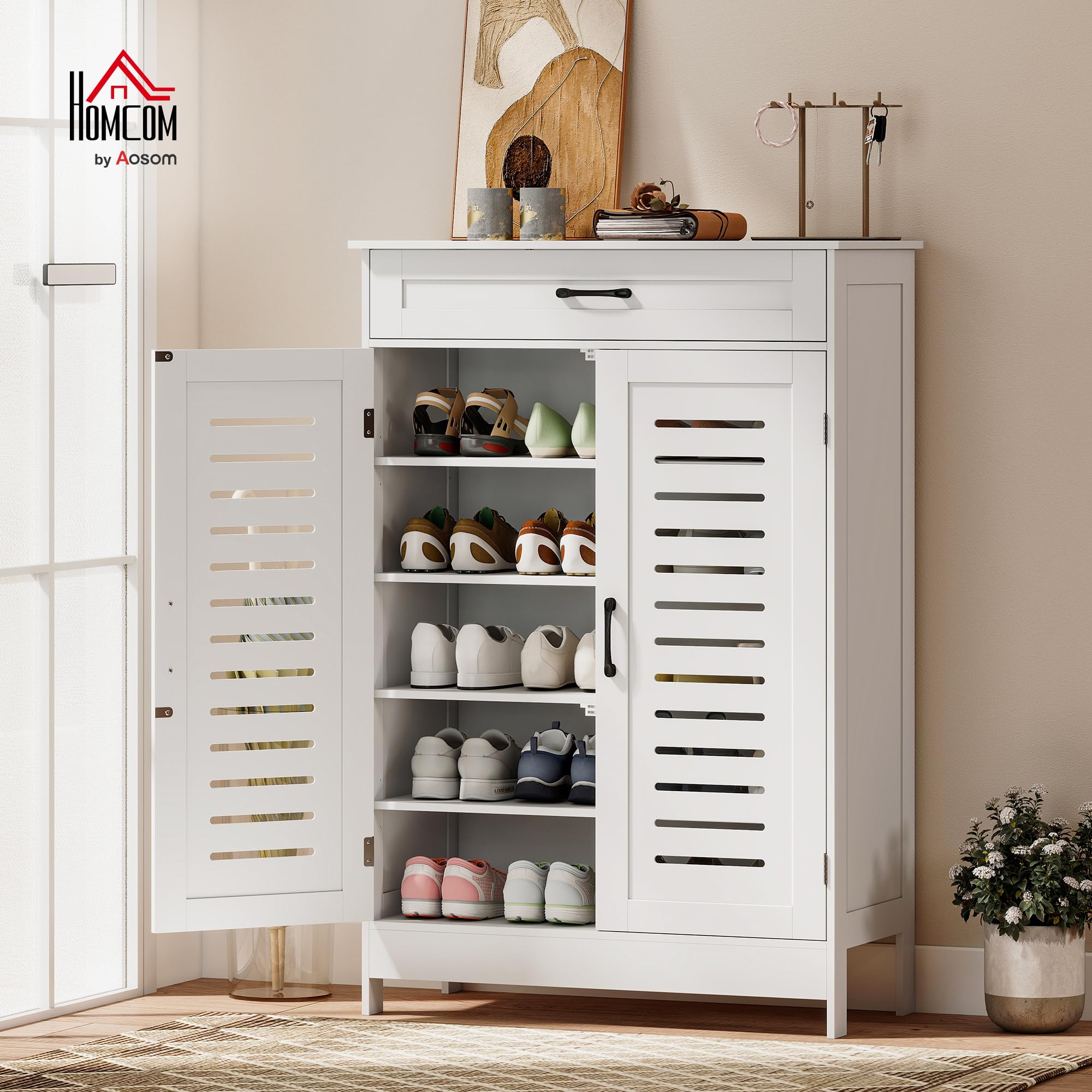 HOMCOM Mueble Zapatero de 5 Niveles con Cajón 78x37x115,8 cm Blanco | Armario para Zapatos, Puertas de Rejilla, Estantes Ajustables, para 20 Pares de Zapatos, para Pasillo Recibidor