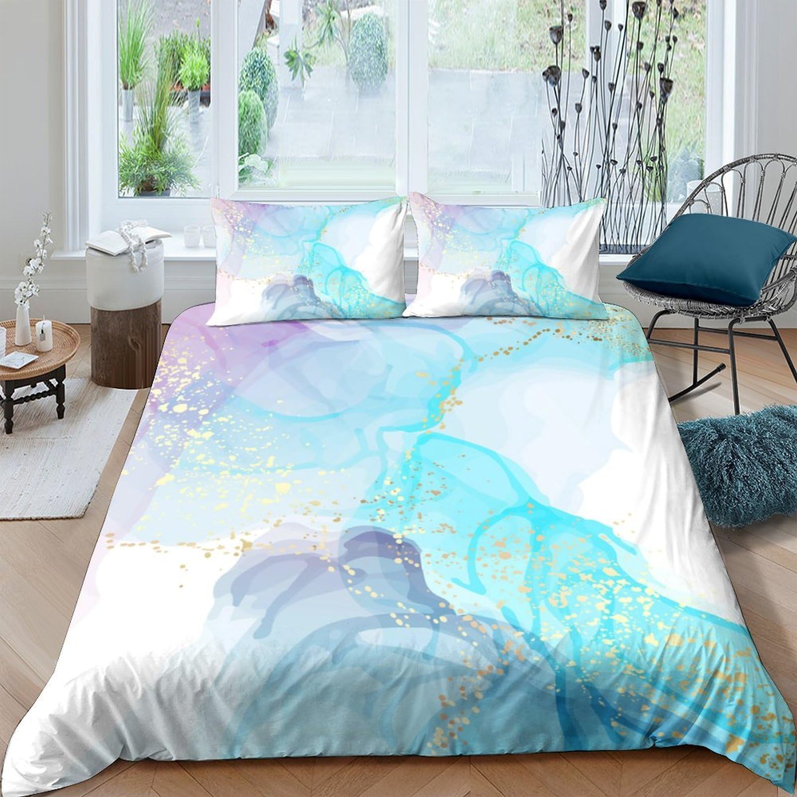 Ctjqhvkz Style-8 3D Printed Watercolor Marble Fitted Sheet Microfiber Soft Breathable Abstract Blue Mattress Cover For Bedroom Home Decor Single（135X200cm）