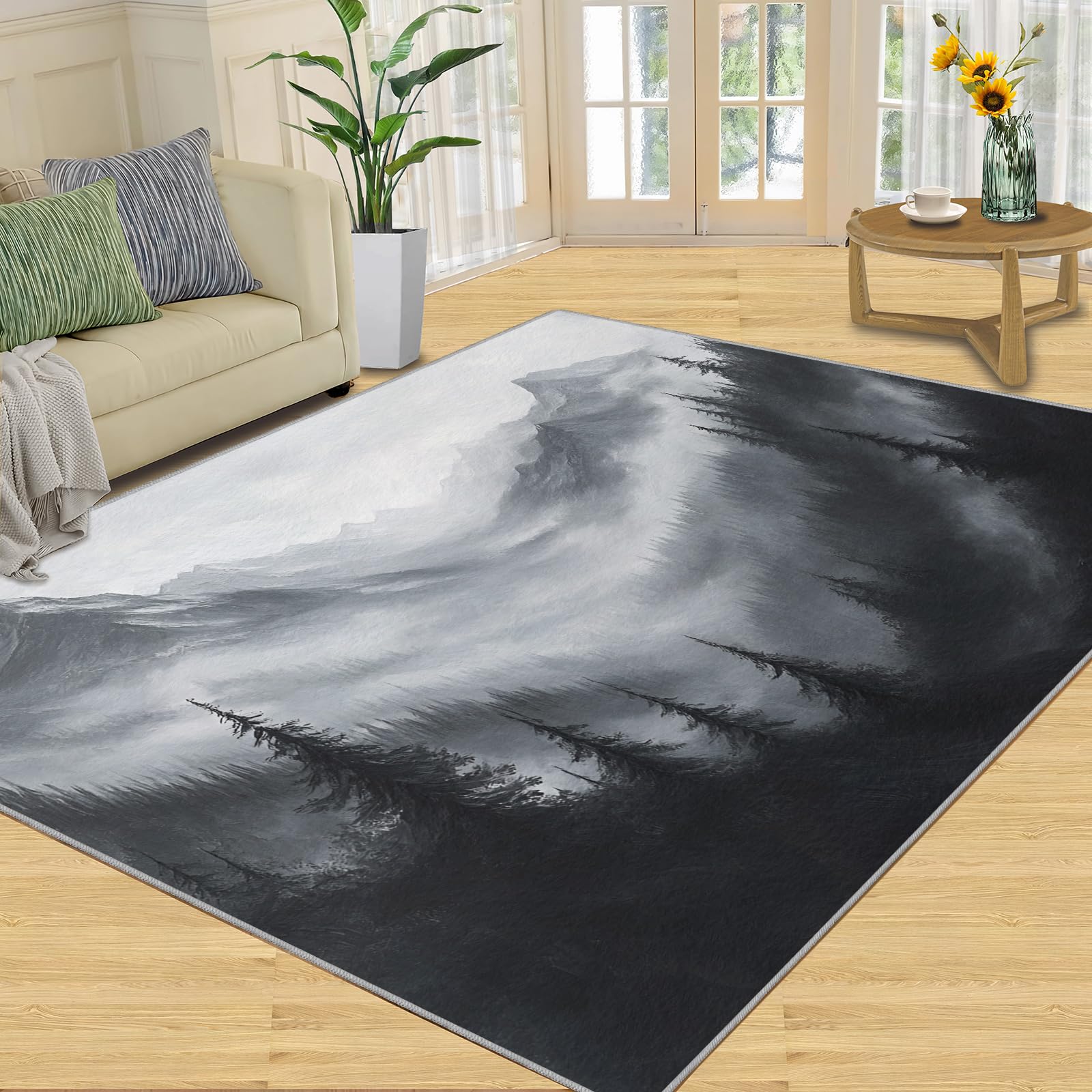FBRUIEG Black and White Forest Area Rug, Misty Forest Living Room Rug, Low Pile Home Decor Carpet for Bedroom Dining Room Farmhouse Floor Mat 120x170cm