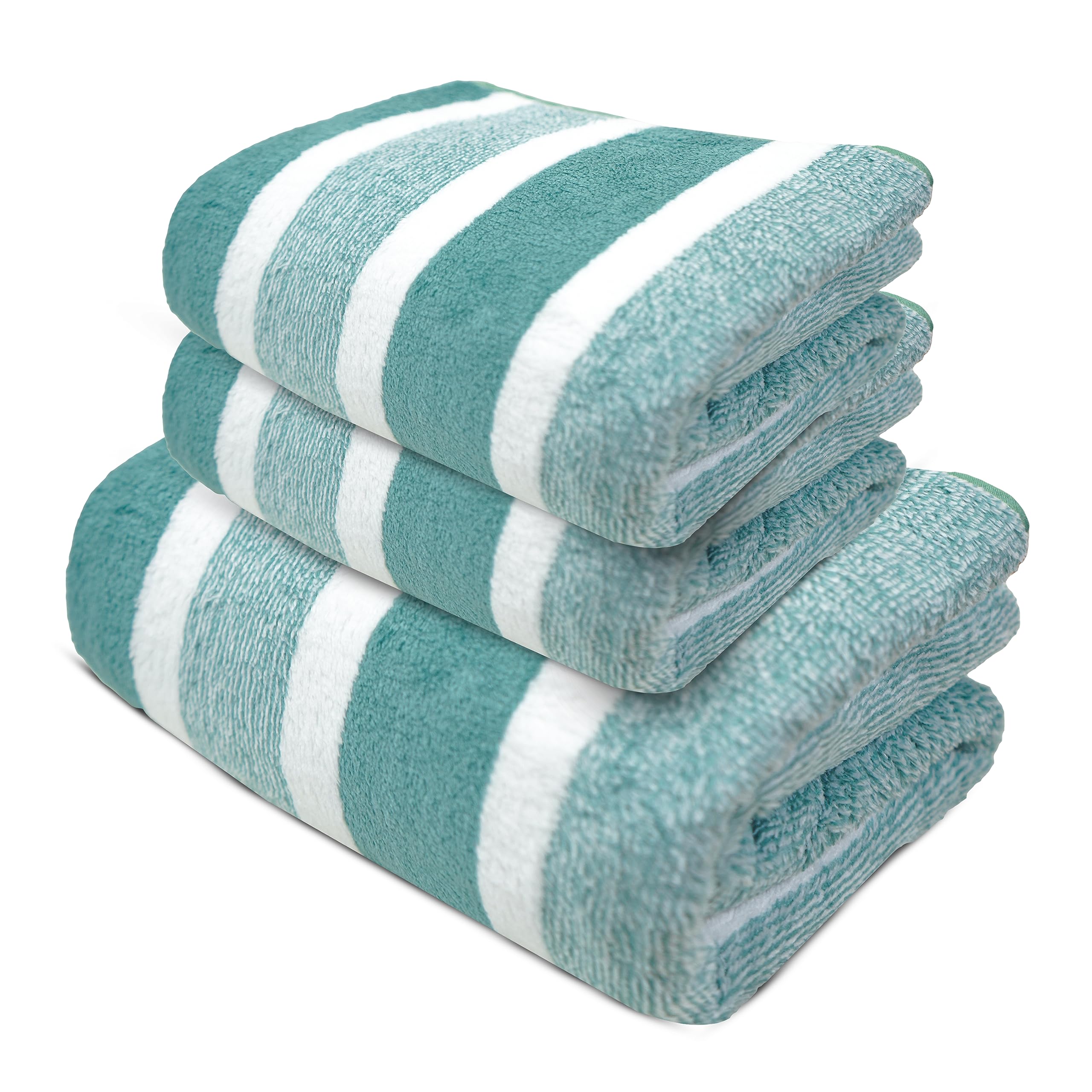 MAXOSHINE Microfiber Towels for Bath Large Size-Soft Fluffy Coral Fleece Bathing Towel with Hook Quick Dry Super Absorbent-Stripes Bath Towel for Men and Women-70 x 140 cm (Green, 1 Bath Towel + 2 Hand Towels Combo)