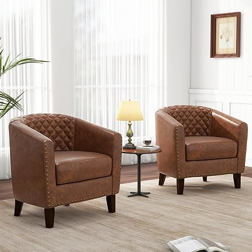 Miniatura 22 de Pia Ricco Juego de 2 sillas de barril de piel sintética, modernas y cómodas, sillas de club tapizadas con ribete de cabeza de clavo, sofá individual