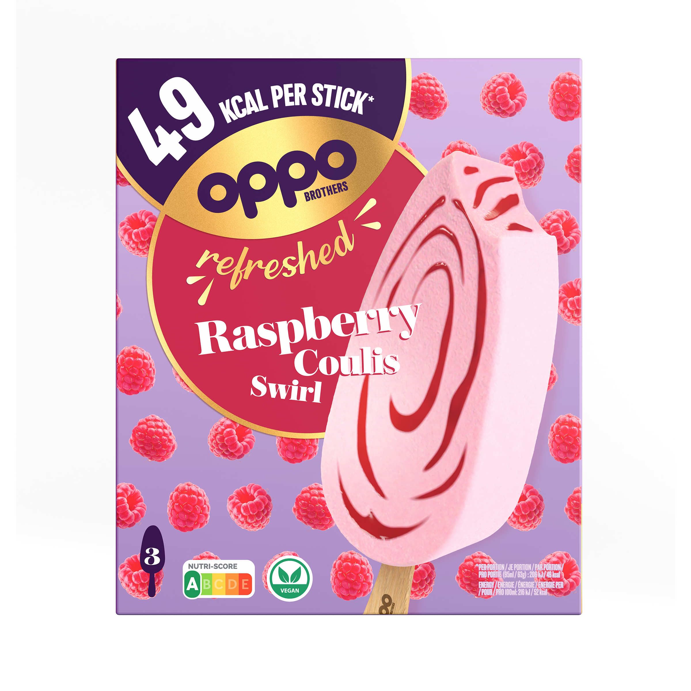 Oppo Refreshed Raspberry Coulis Swirl Low Calorie Sorbetto Sticks 3x95ml