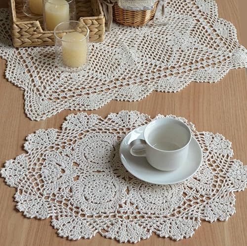 Juego de 2 pañuelos de encaje de ganchillo a mano, manteles individuales para mesa de café, manteles individuales de casa de campo