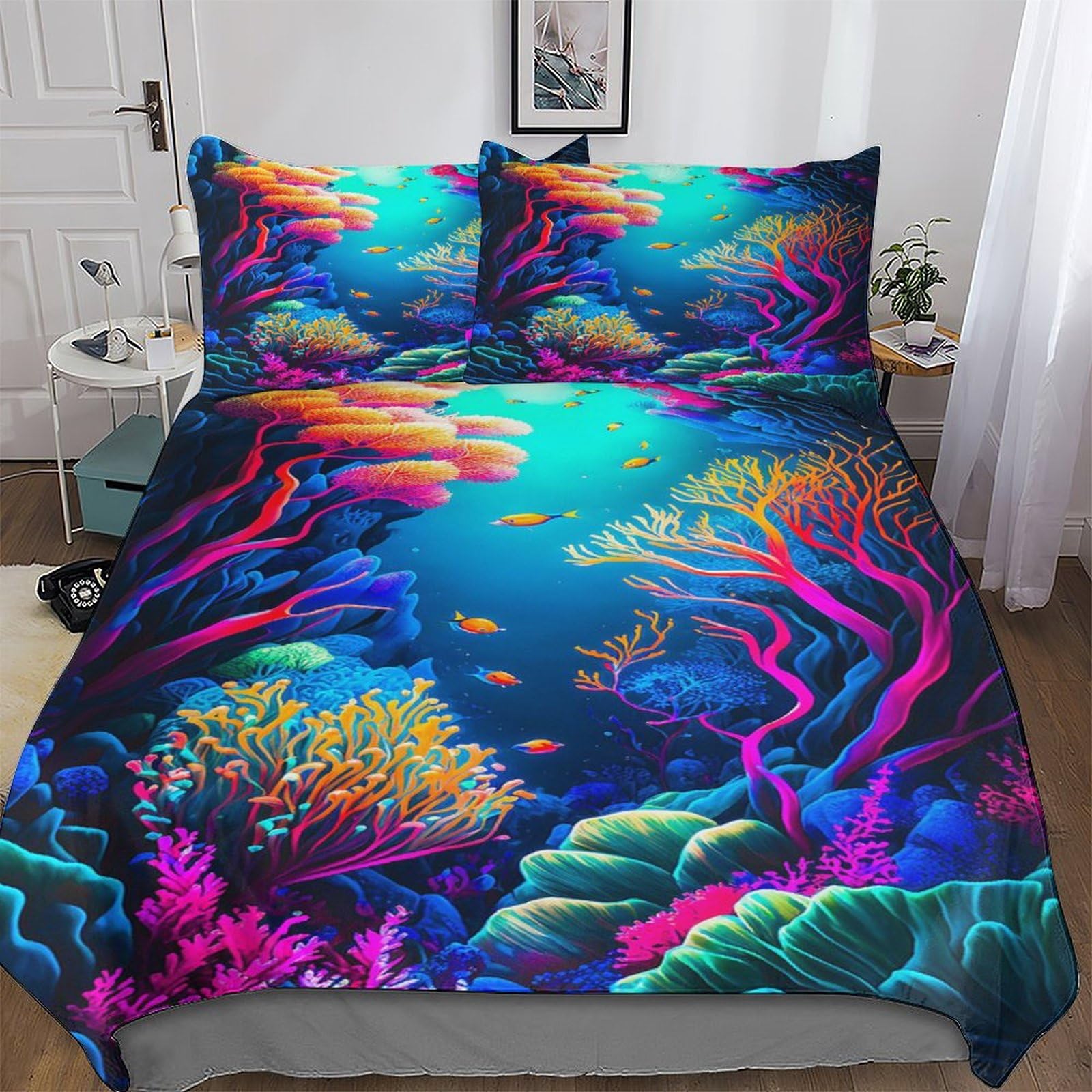 Parure de lit motif océan 3D avec housse de couette en microfibres 200x200 et taies