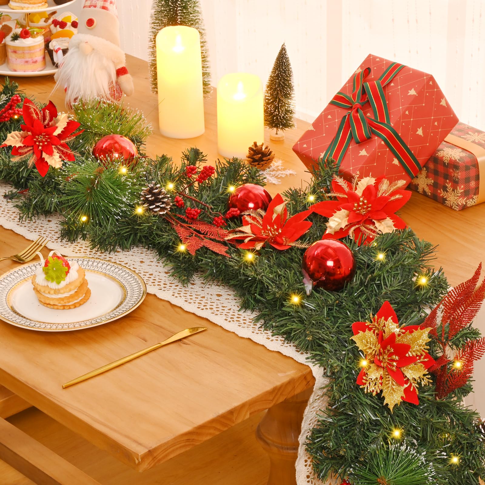 9FT Christmas Garland with 8 Modes 50 Lights, Poinsettia Garland with Pinecones Red Balls Leaves Berries Pine Needles, Christmas Decorations for Mantle Stairs Indoor Outdoor