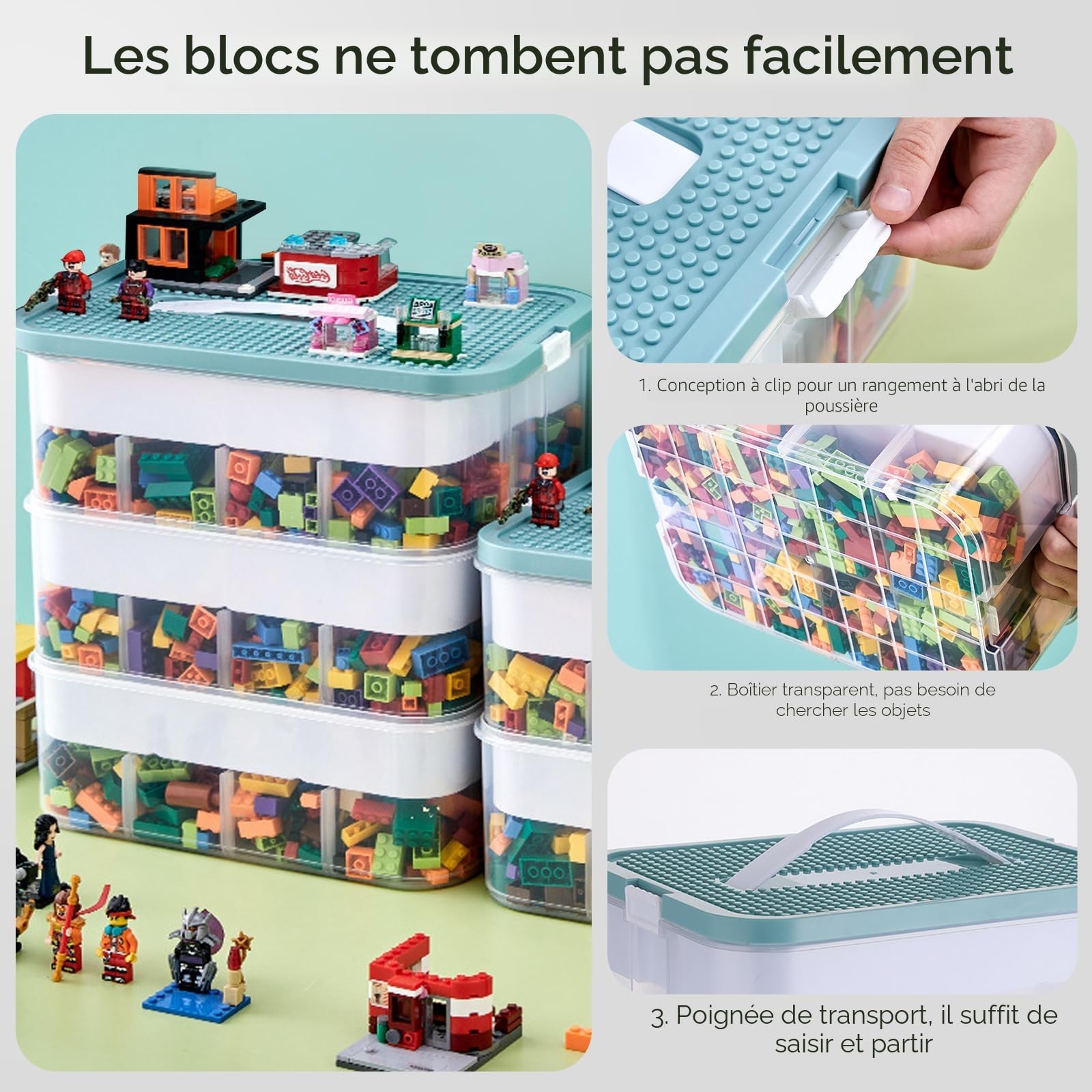 Boite Rangement Plastique pour Lego Briques, 3 Couches Boite Rangement pour Lego avec Couvercle, Enfant Jouets Empilable Organiseur Transparent avec Compartiments pour Ranger les Jouets