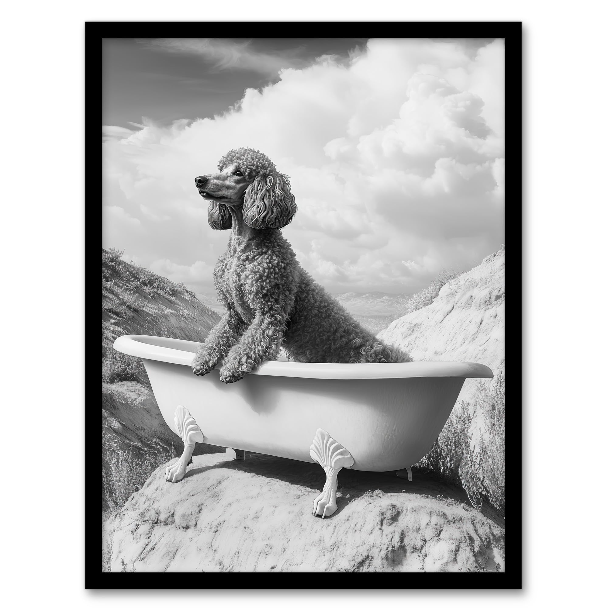 Artery8 Surreal Dog Lover Black White Poodle in Bathtub Bathroom Toilet Artwork Framed Wall Art Print A4