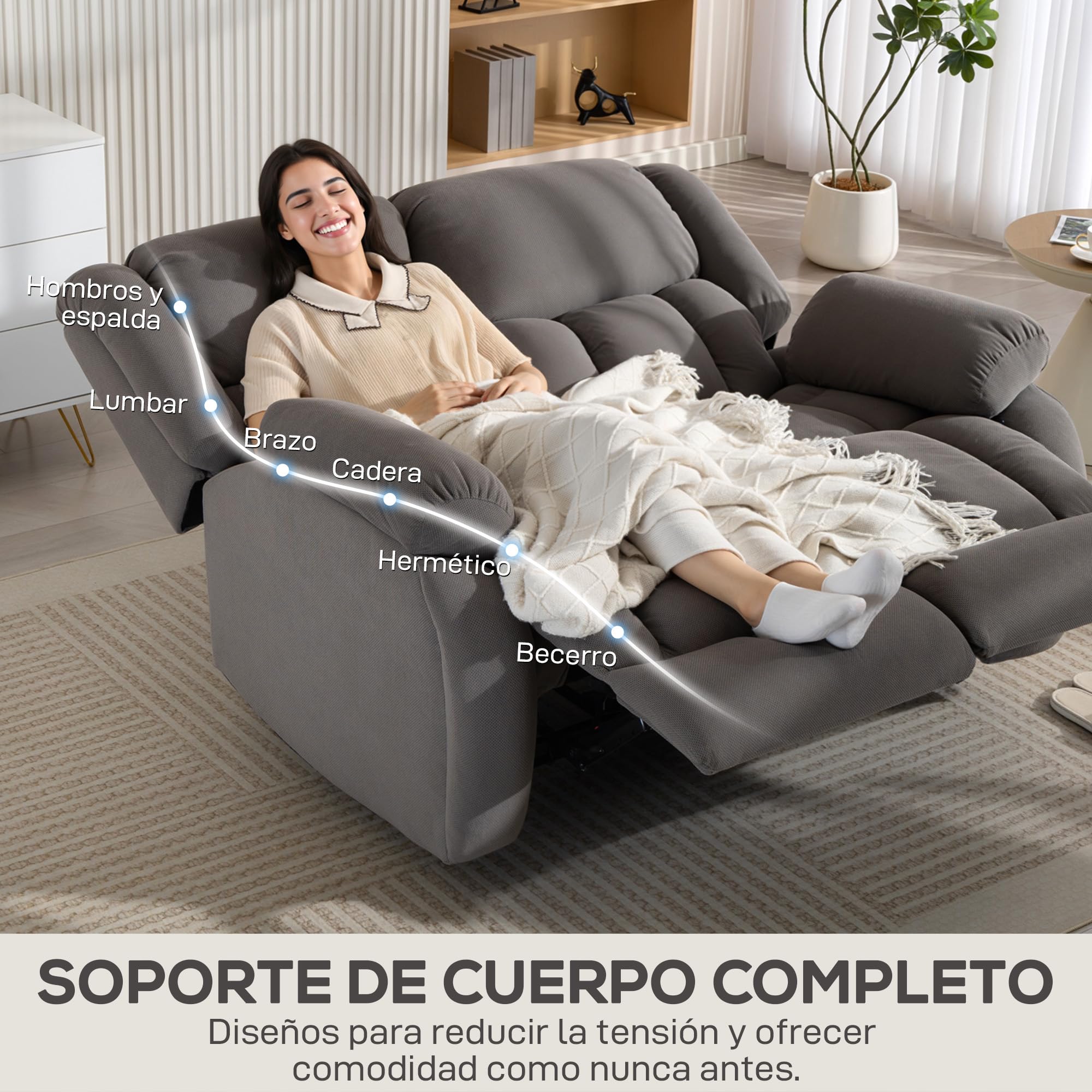 HOMCOM Sillón 2 Plazas Relax Reclinable Manual, Ajuste Separado, Sillón Relax Tapizado en Terciopelo, Reposapiés Ajustable, Asiento Amplio, Muelles, Acolchado Grueso, Sofá Reclinable hasta 135º, Gris