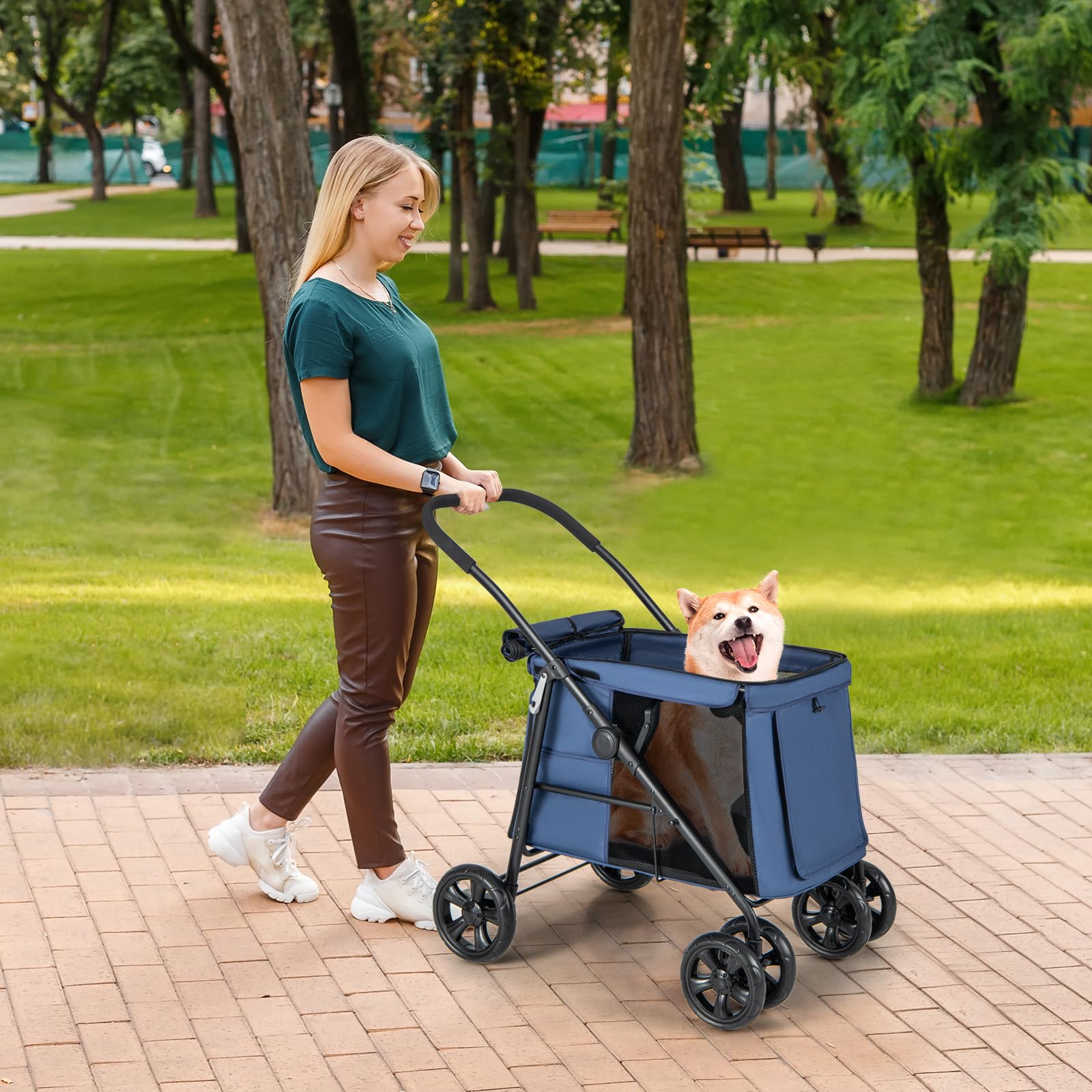 COSTWAY Passeggino per Cani Pieghevole, Carrello a 4 Ruote per Animali Domestici Piccoli e Medi, Trasportino Portatile con Ruote, Lucernario e Tasche, Chiusura Rapida (Blu)