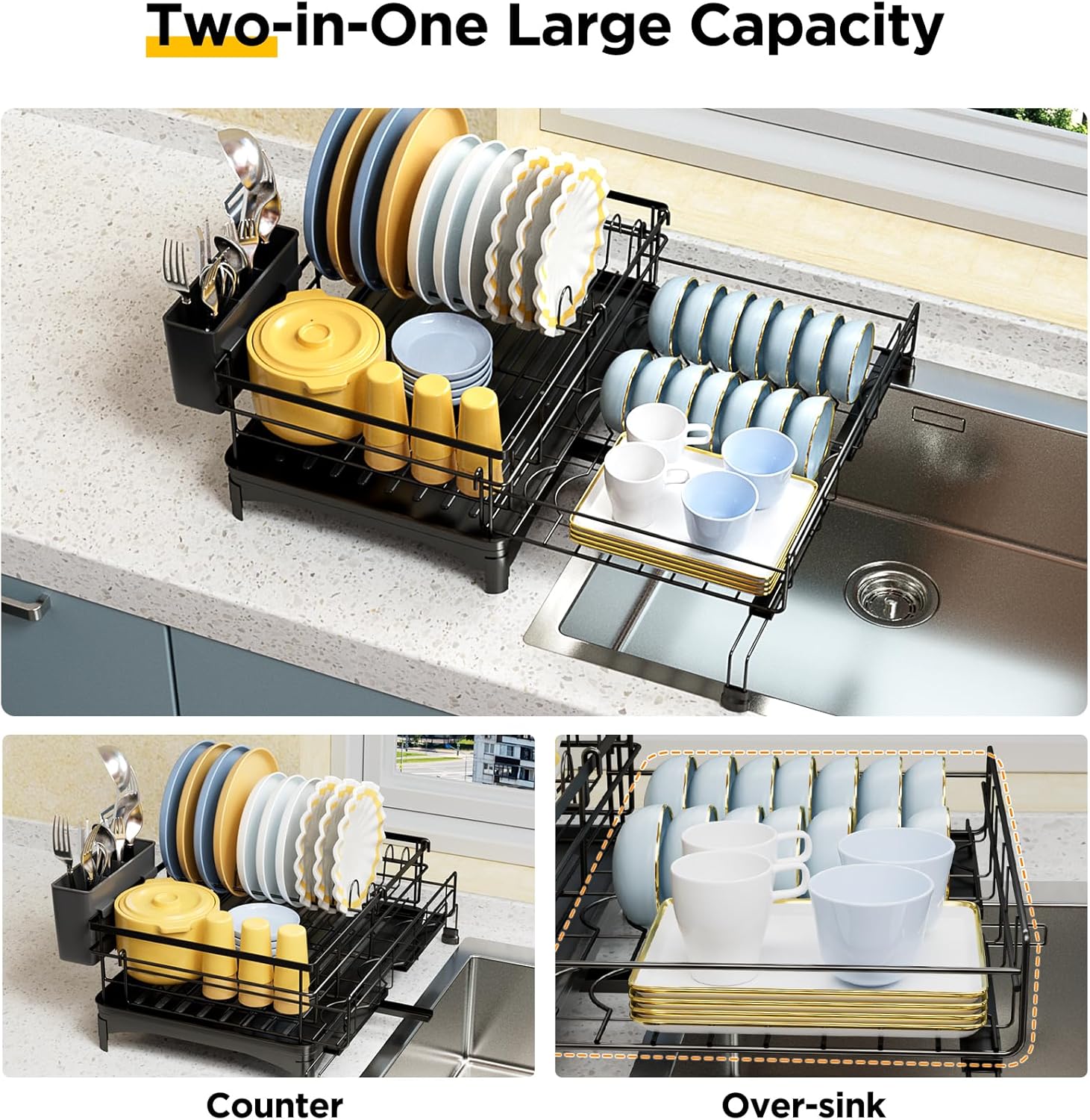 NETEL Dish Drying Rack Expandable, 2-in-1 Drying Rack & Escurridor de Platos para Fregadero (12.6"-22.4" W) X(16.7"-22.83" D), Over The Sink Dish Drying Rack with Utensil Holder, Black