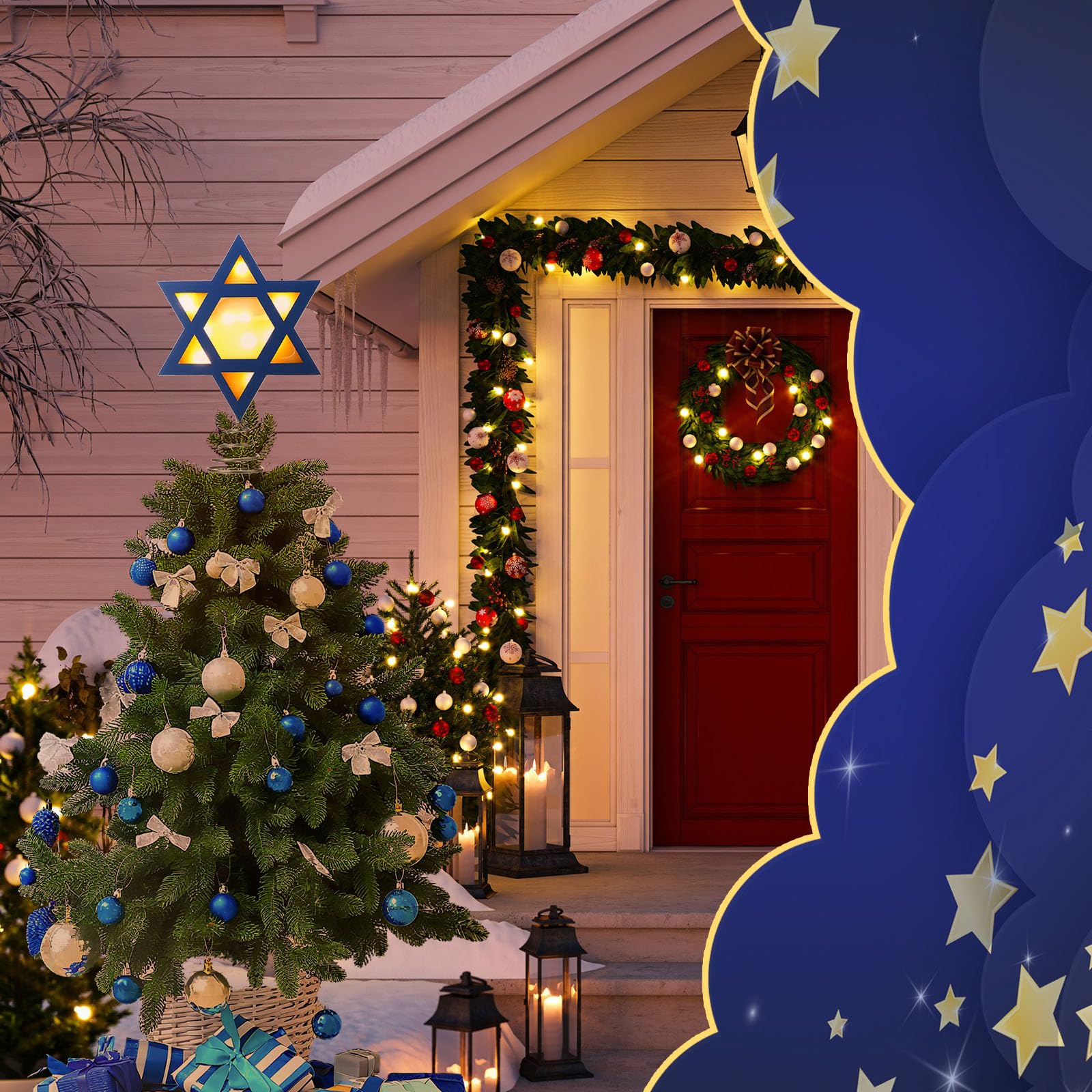 Halloscume Decoración para árbol de Navidad, estrella de David, grande, enchufable, decoración religiosa azul y blanca con luz para interiores y exteriores, decoraciones de Navidad de invierno