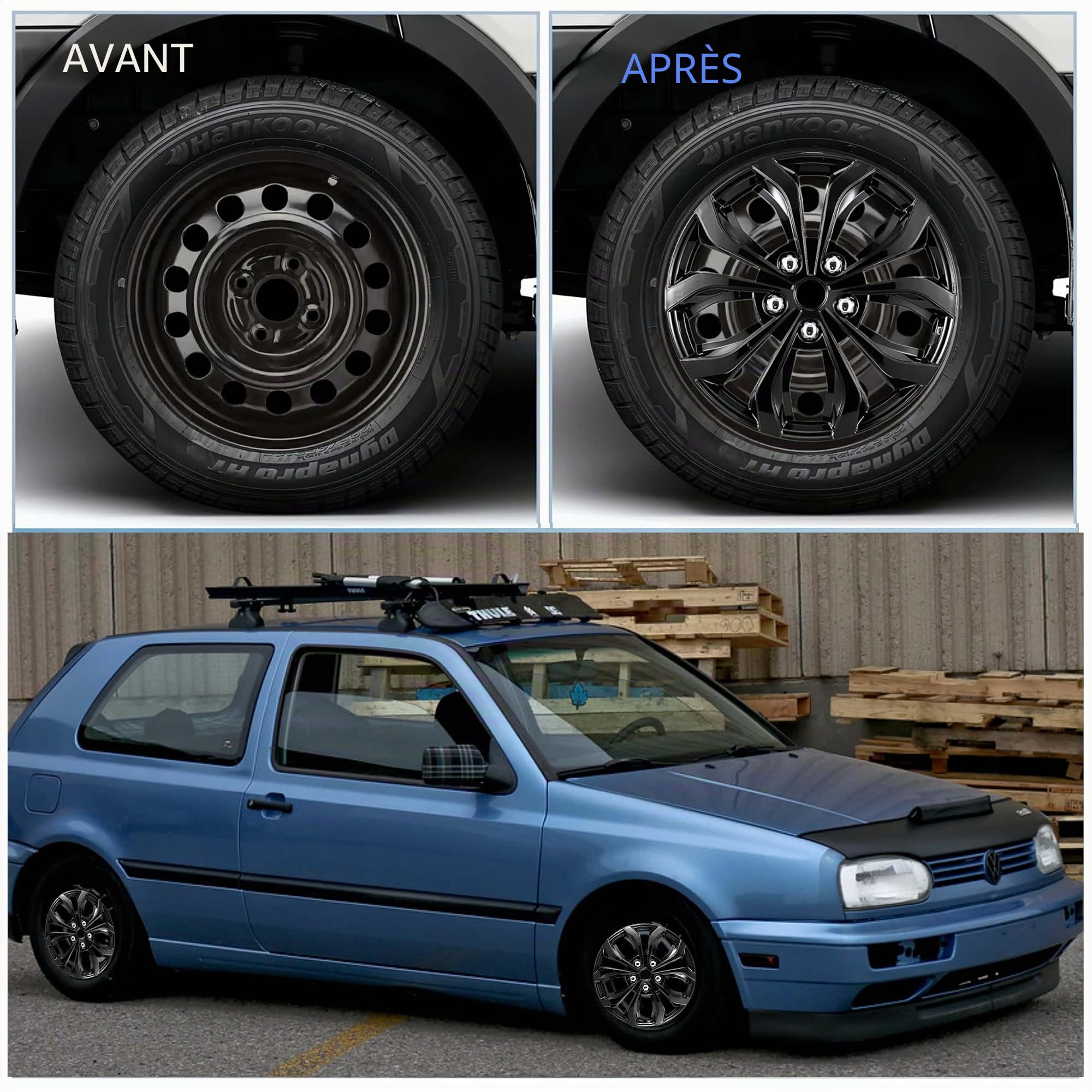 Lot de 4 enjoliveurs universels compatibles avec jantes en acier, design Snap-On (noir, 17")
