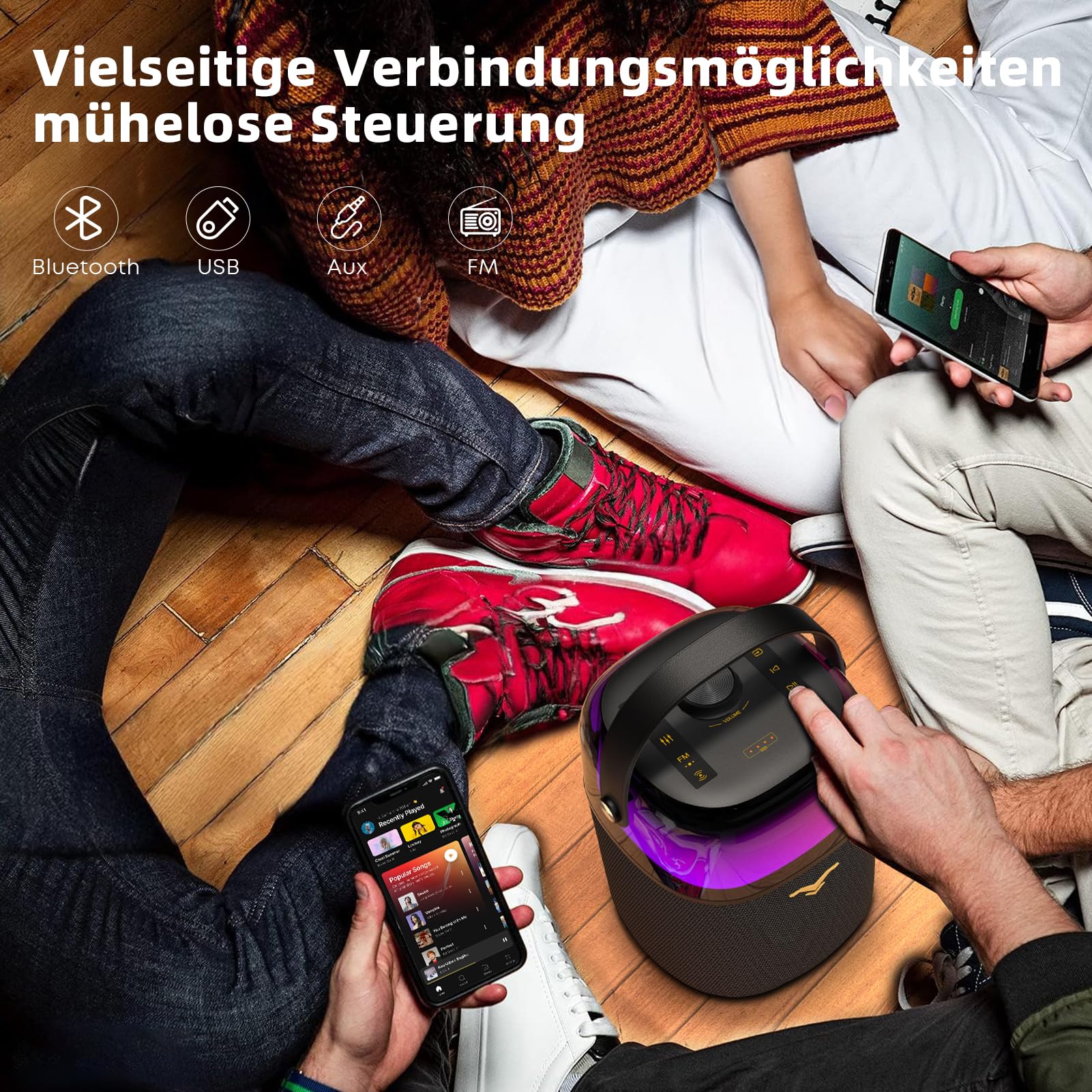 Karaoke Anlage mit 2 Mikrofonen, 80W Karaoke Maschine mit LED Licht | Home Karaoke System, Tragbar Partybox, USB & AUX Anschluss, für Zuhause und Outdoor