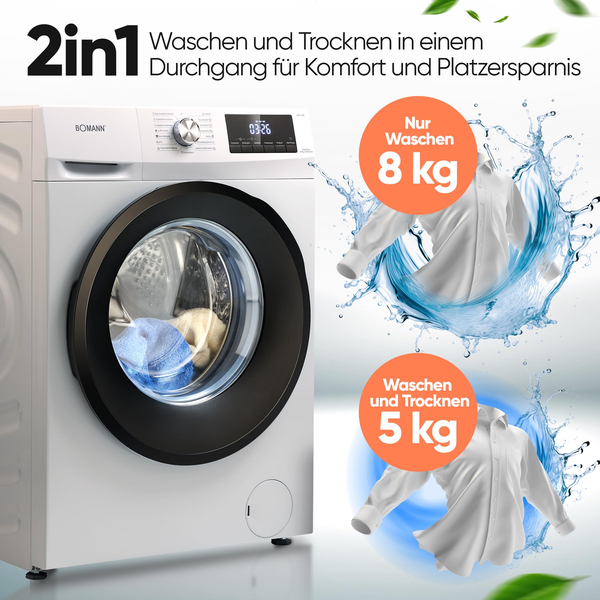 Bomann WAT 7186 Waschtrockner 8 kg Waschen 5 kg Trocknen 1400 U/Min Invertermotor weiß