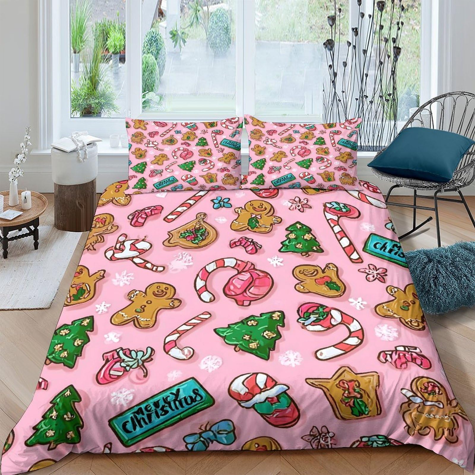 Ctjqhvkz Style-7 3D Printed Christmas Cookie Fitted Sheet Microfiber Pink Candy Cane Mattress Cover For Bedroom Guest Room Dorm Decor Single（135X200cm）