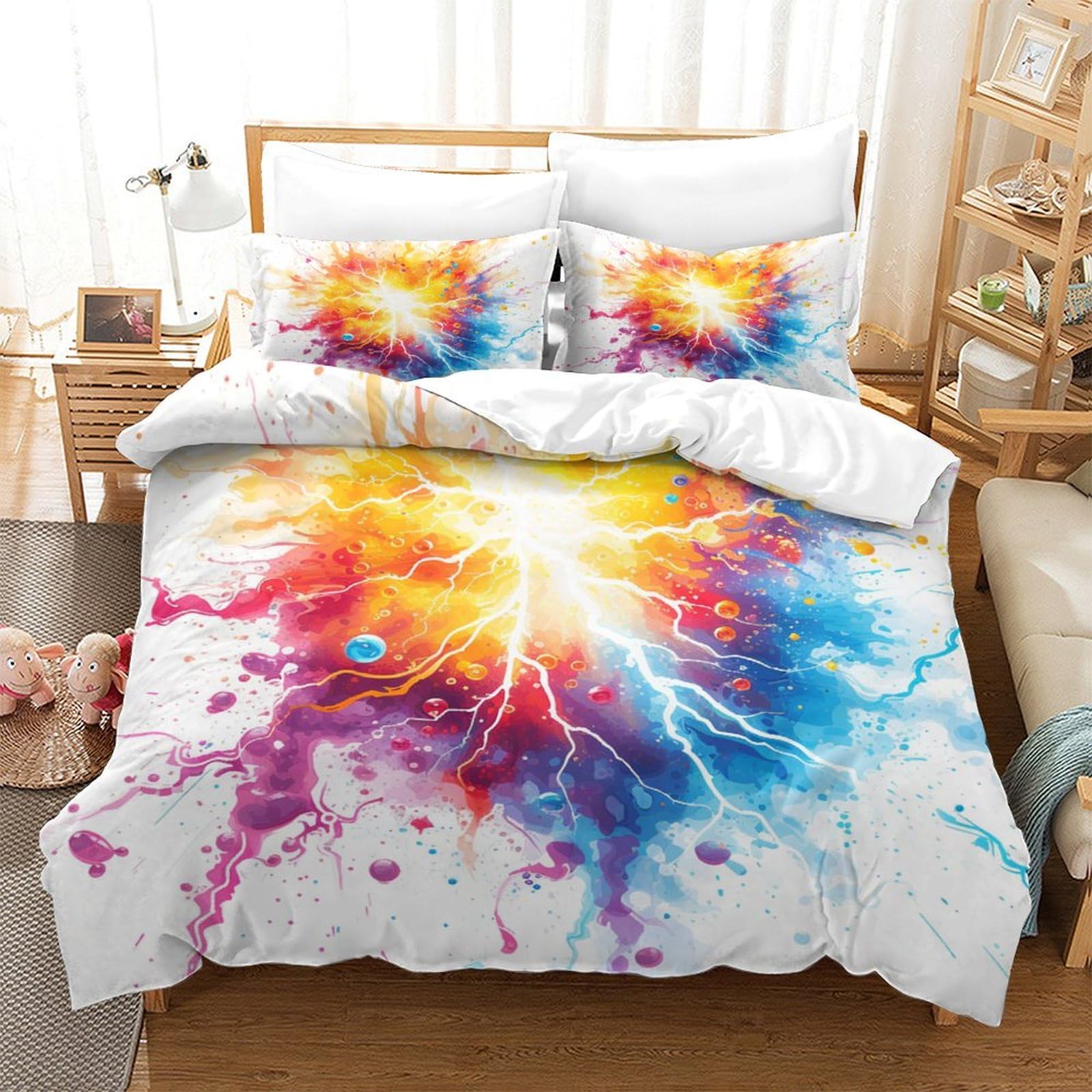 P1s9u7w5y Lighting Splash Vibrant Splash 3D Printed Duvet Cover Set 3Pcs Microfiber Artistic Rainbow Bedding Set Double（200X200cm）