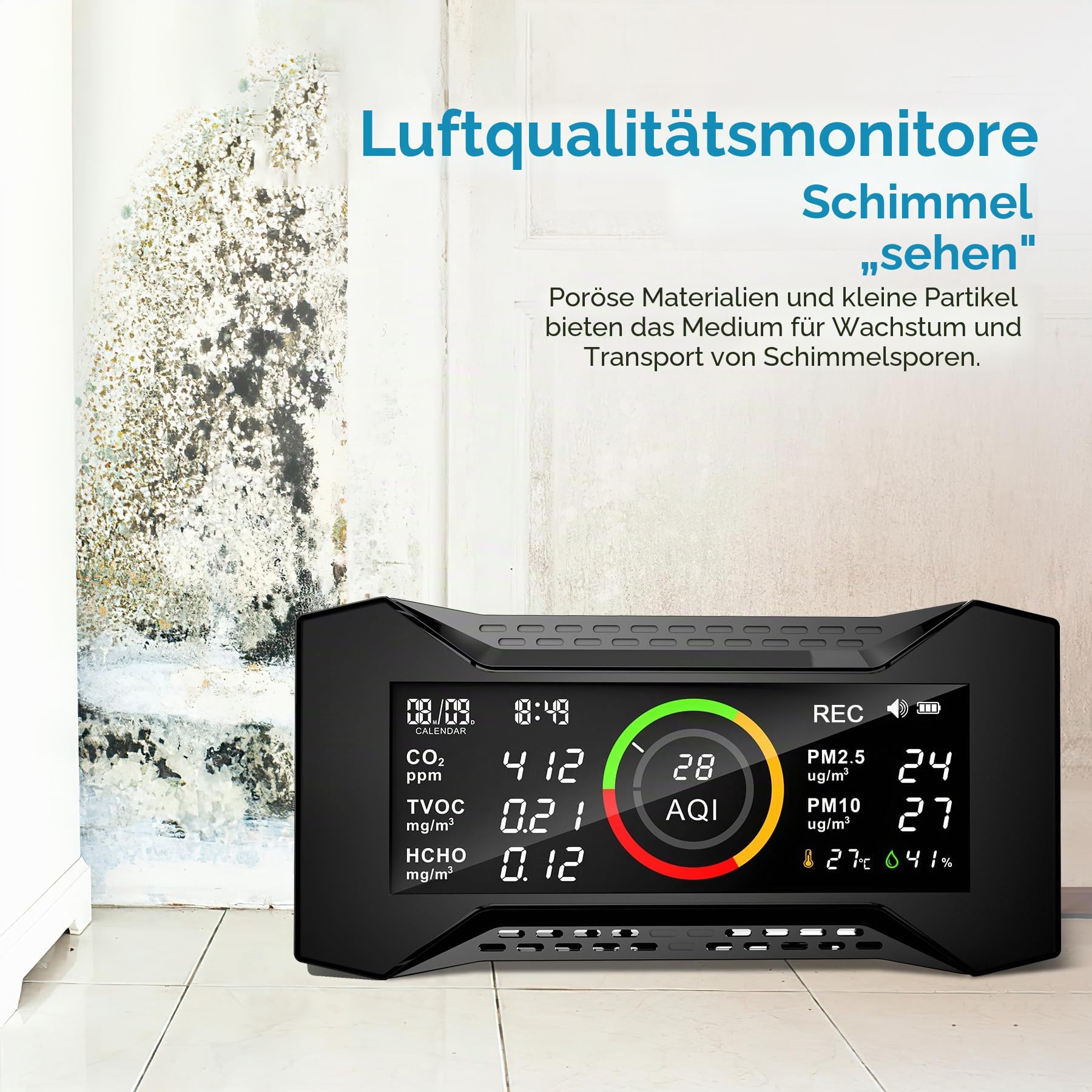 CF-20 DL Luftqualitätsmonitor Innen mit Datenbericht für CO2 TVOC PM2.5 PM10 AQI HCHO Temperatur Luftfeuchtigkeit, Luftverschmutzungsmonitor mit Audio-Alarm, CO2-Monitor für Zuhause