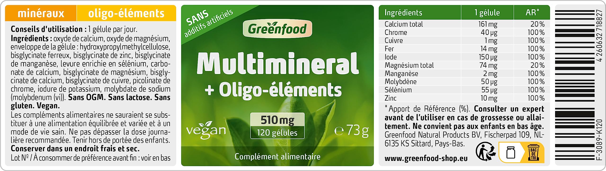 Greenfood Multiminéraux + oligo-éléments, 510 mg, des doses élevées, 120 gélules, vegan, haute biodisponibilité - Sans additifs artificiels. Sans génie génétique.