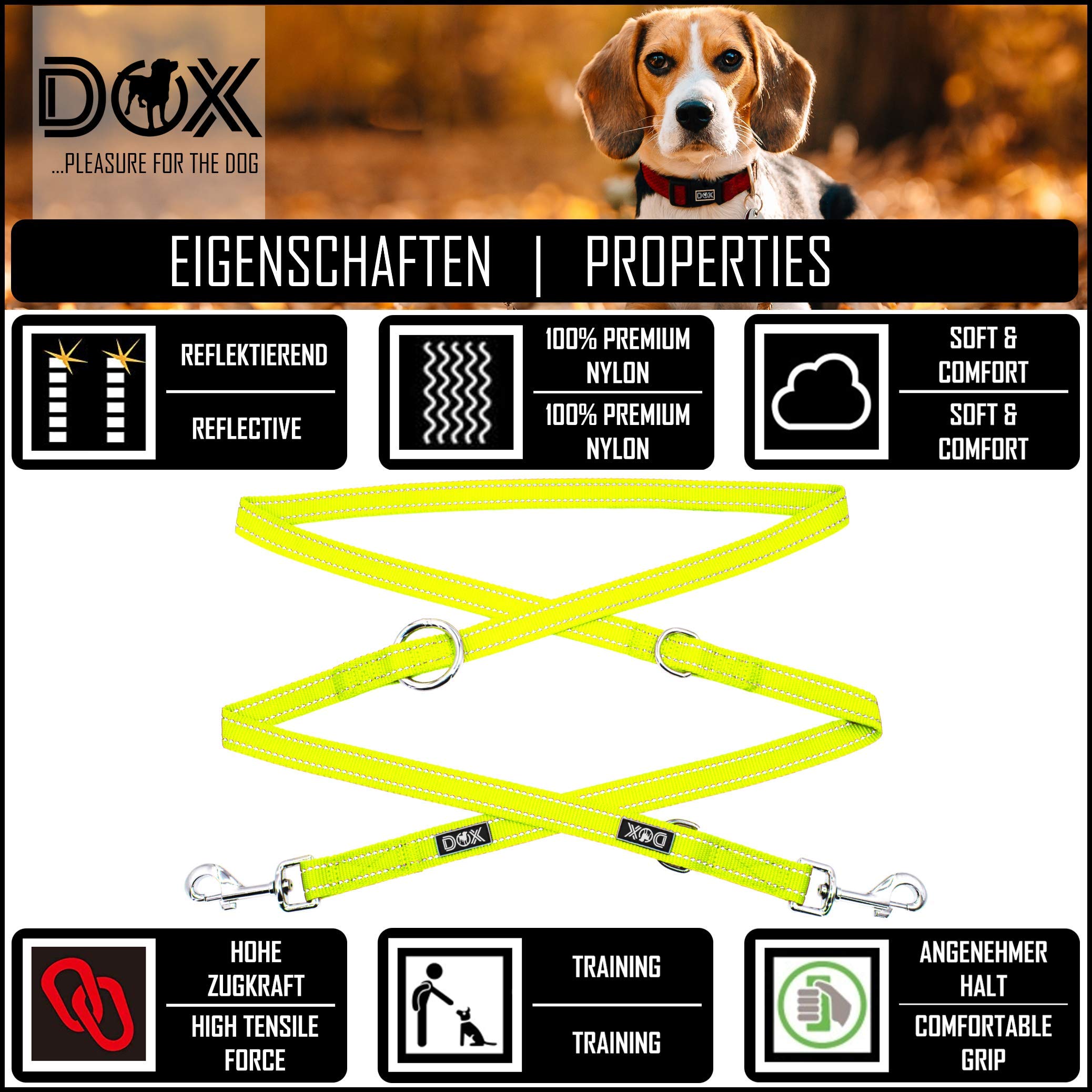 DDOXX Guinzaglio per Cani Nylon Riflettente, Regolabile con 3 Misure, 2 m | Tanti Colori e Taglie | Guinzaglio Doppio Cane Gatto Cucciolo Taglia Piccola Media Grande Piccoli Medi Grandi | S, Giallo