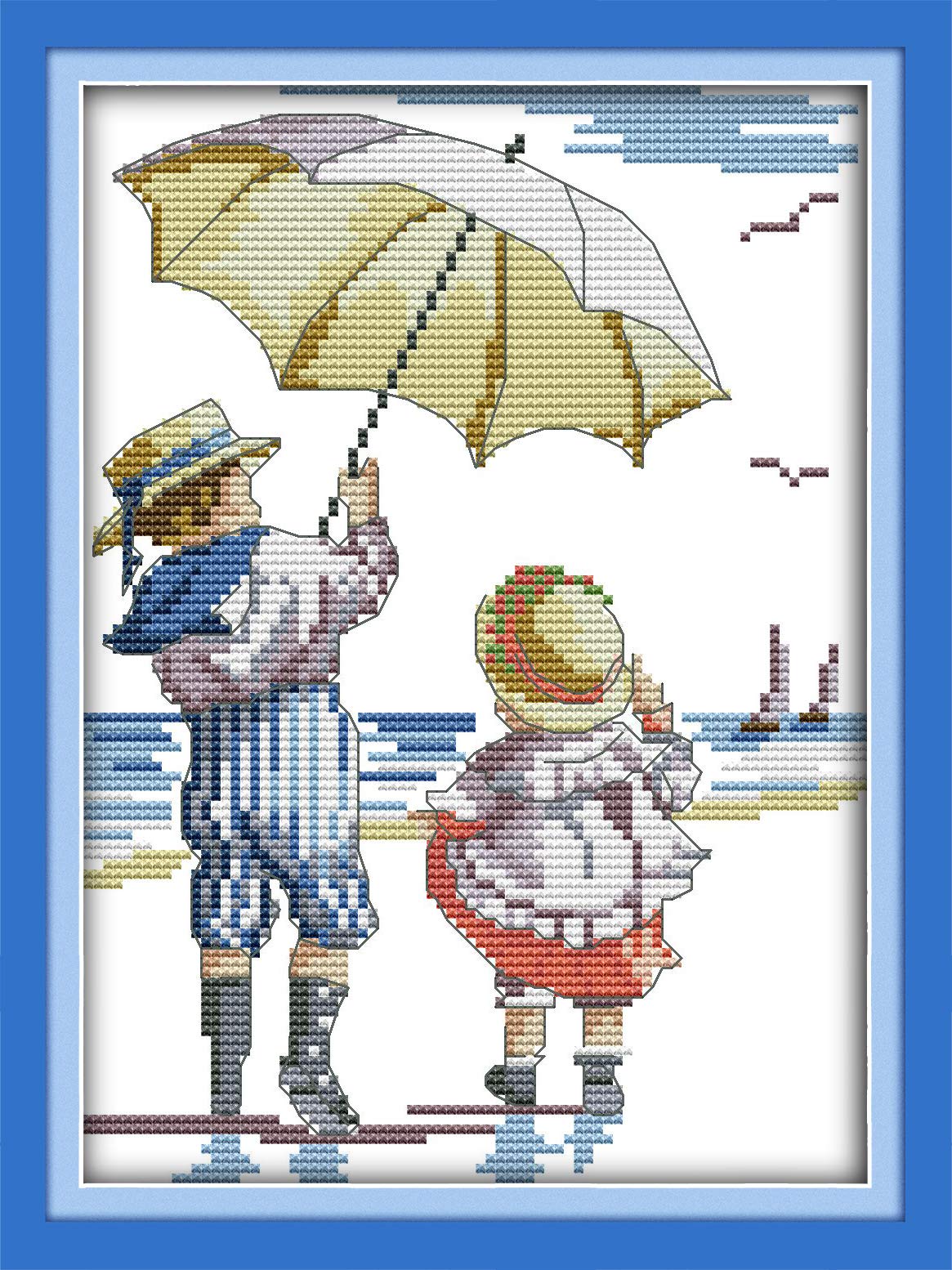 OWN4B クロスステッチ刺繍キット図案印刷、11ct ビーチウォーク 初心者向けの簡単な刺繍セット24x35cm Cross Stitch
