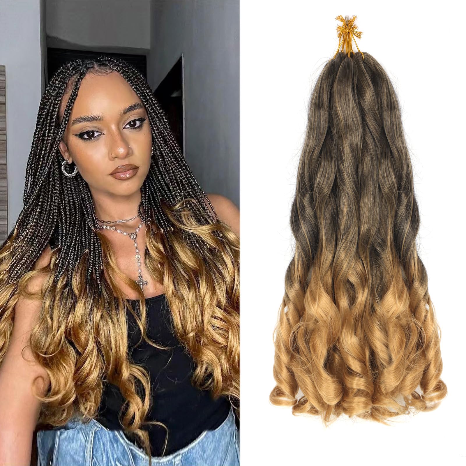 8 Packs French Curly Braiding Hair 16 Inch Loose Wave Spiral Crochet Hair for Black Women Pre-Stretched With Curly Ends (T27#)