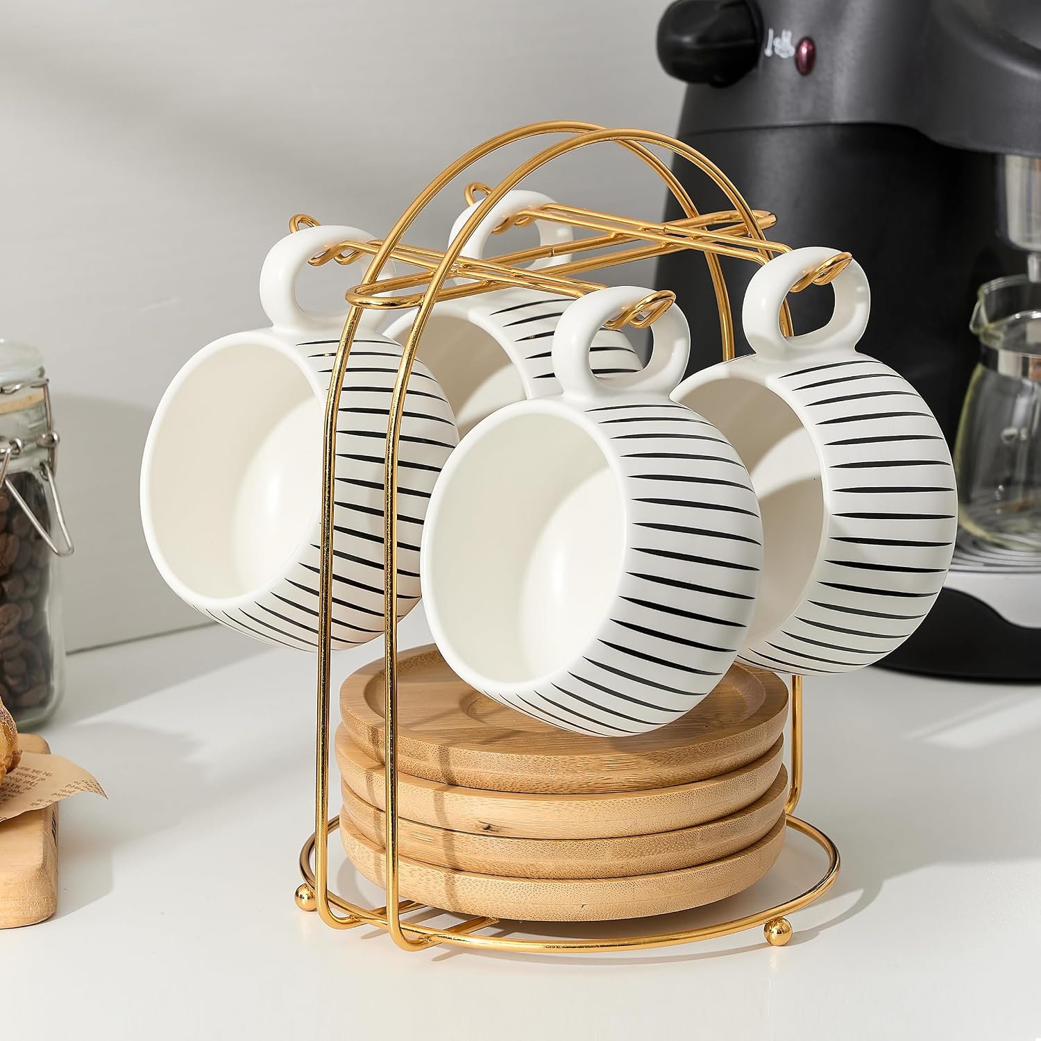 LUKA 7.77 oz Ceramic Cappuccino Cups with Bamboo Saucers and Metal Stand, Set of 4 Large Elegant Porcelain Coffee Cup for Latte, Cafe Mocha, Tea, Espresso, Dishwasher Safe, Stripe White