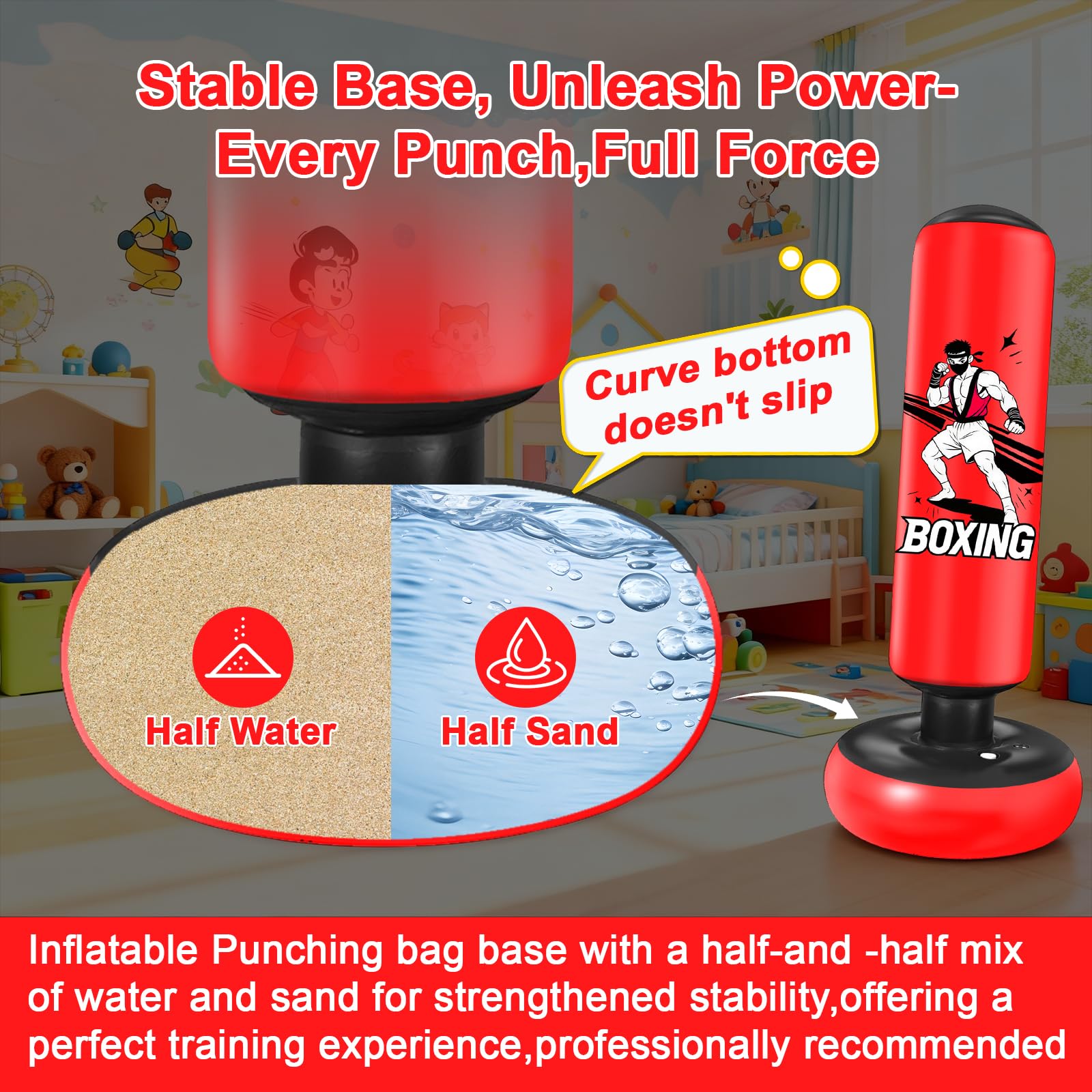 Saco de Boxeo de Pie, 168 cm Saco Boxeo Niños, Inflable Bolsa De Boxe con Guantes y Bomba para Practicar MMA Karate Taekwondo Punching Ball para 5-18 Niños Adolescentes