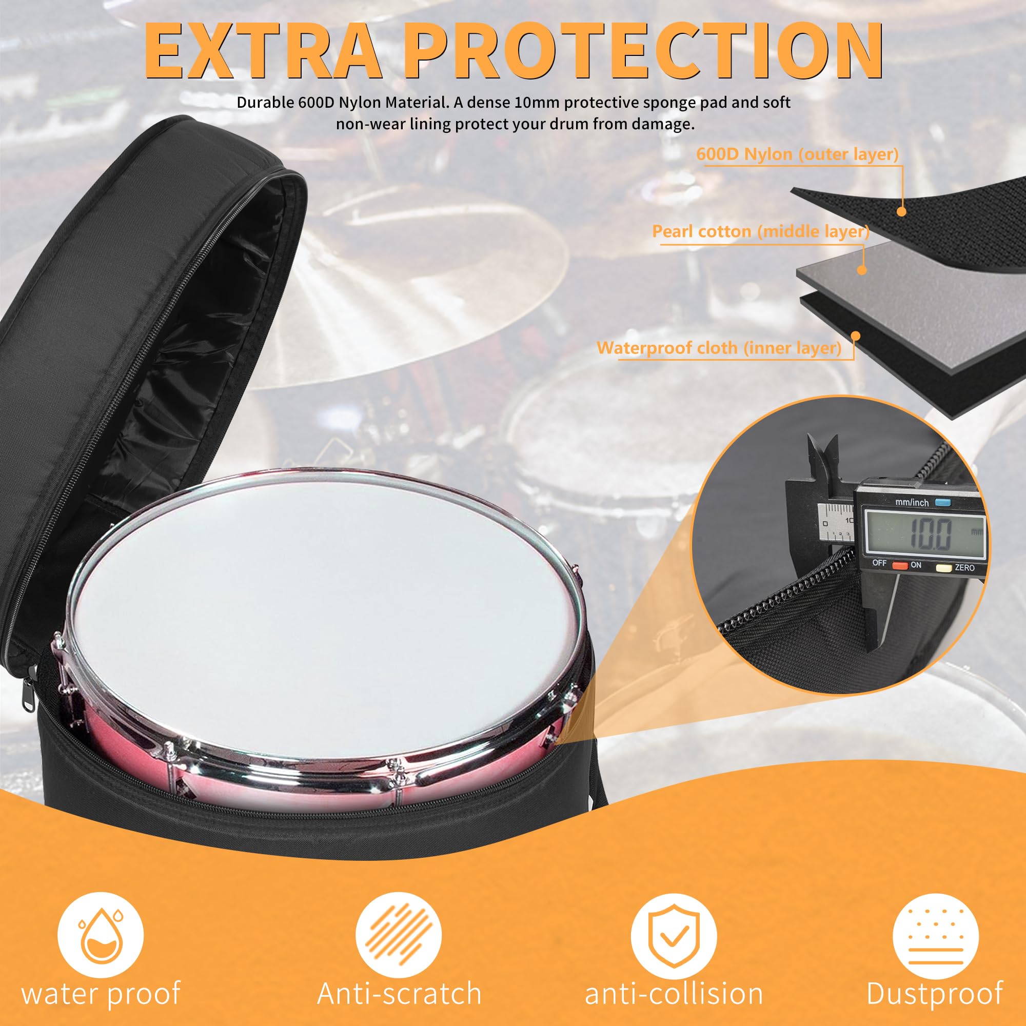 OUUTMEE Floor Tom Drum Tasche für Floor Tom 40,6 x 40,6 cm/40,6 x 35,6 cm, 10 mm Dicke, gepolsterte Reise-Trommeltasche | Tragbare Reise-Trommel-Tragetaschen für Aufbewahrung und Transport von Gigs