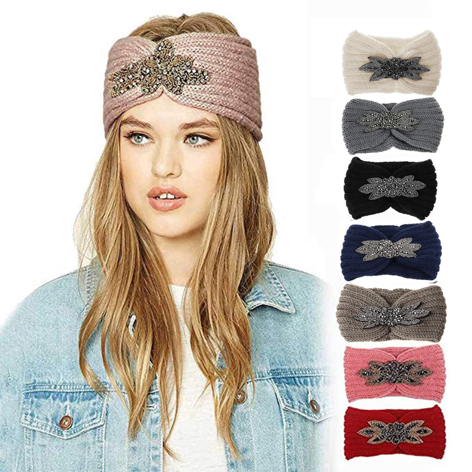 Fentency Women Knitted Hairband Flower for Beaded Ear Warmer Wide for H