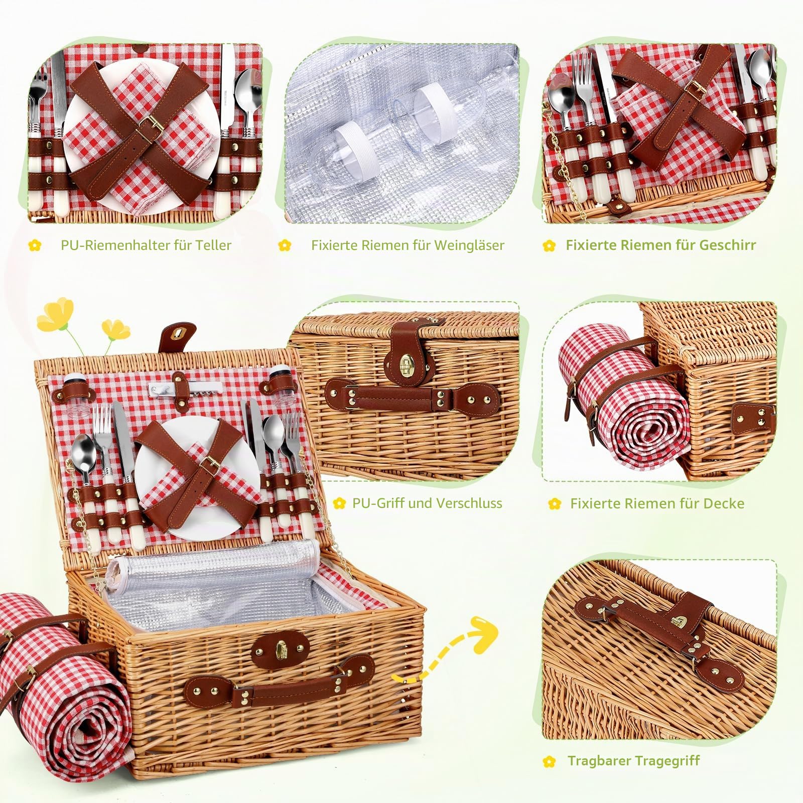 Picknickkorb für 4 Personen, handgeflochtener Korb mit eingebauter Isolierung und wasserdichter Decke – komplettes Picknick-Set mit 4 Bestecksets, Tellern, Weingläsern für Camping,Garten,Hiking, BBQ