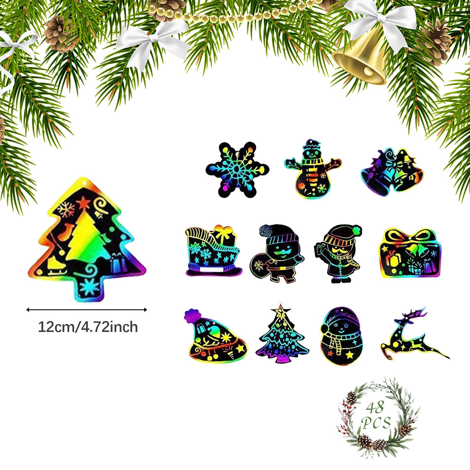 Vordpe Pack of 48 Christmas Scratch Pictures, Colourful Christmas Scratch Art for Children, Christmas Ornaments Hanging Craft Kits, Scratch Art Paper with Wooden Pens Ribbon (C-GHZ205) - Image 2