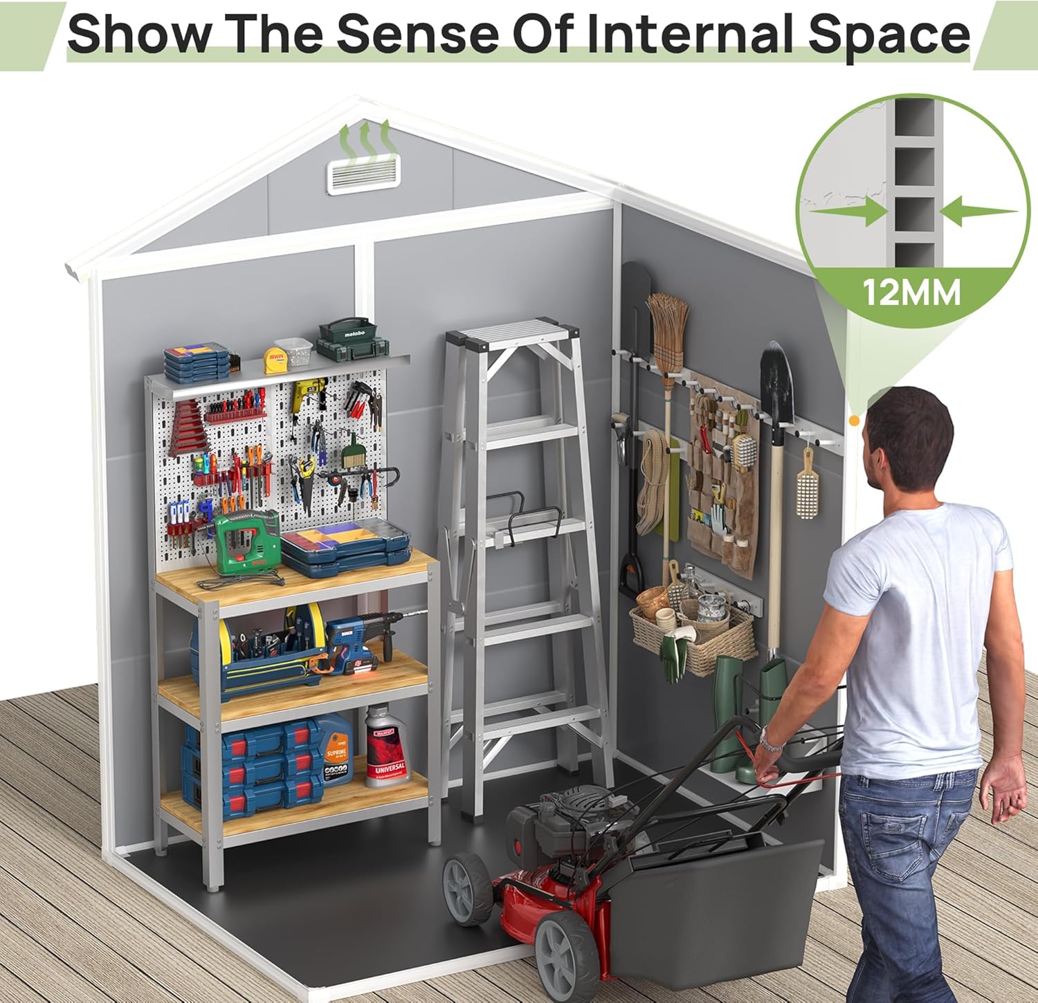 Interior view of the VONZOY shed, demonstrating ample space for a lawnmower and a workbench with tools. The 12mm wall thickness is highlighted.