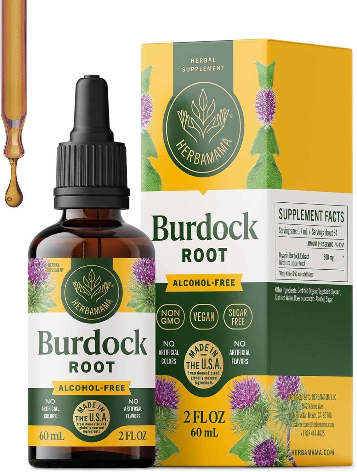 HERBAMAMA Burdock Root Tincture - Vegan Antioxidant & Overall Support with Burdock Root Extract Drops - Non-GMO, Alcohol & Sugar-Free Liquid Supplement, 42-Day Supply