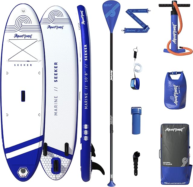 AQUAPLANET Inflatable Stand Up Paddle Board Kit - Seeker, White & Blue | 10.8 Foot | Ideal for SUP Beginners & Experts | Includes Fin, Paddle, Pump, Repair Kit, Backpack, Leash, Dry Bag, Carry Strap