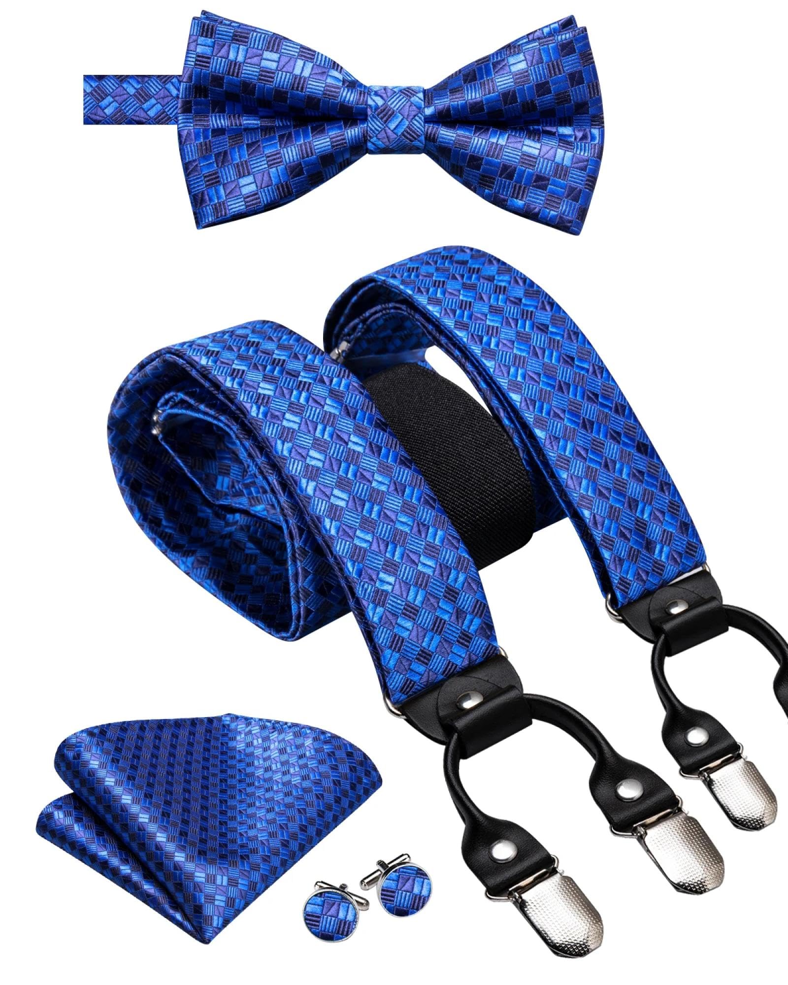 Hosenträger Suspender Seiden-Herren-Hosenträger-Set Mit Fliege Und Manschettenknöpfen Verstellbar Mit 6 Clip-Hosenträgern Für Herrenhosen Geschenk