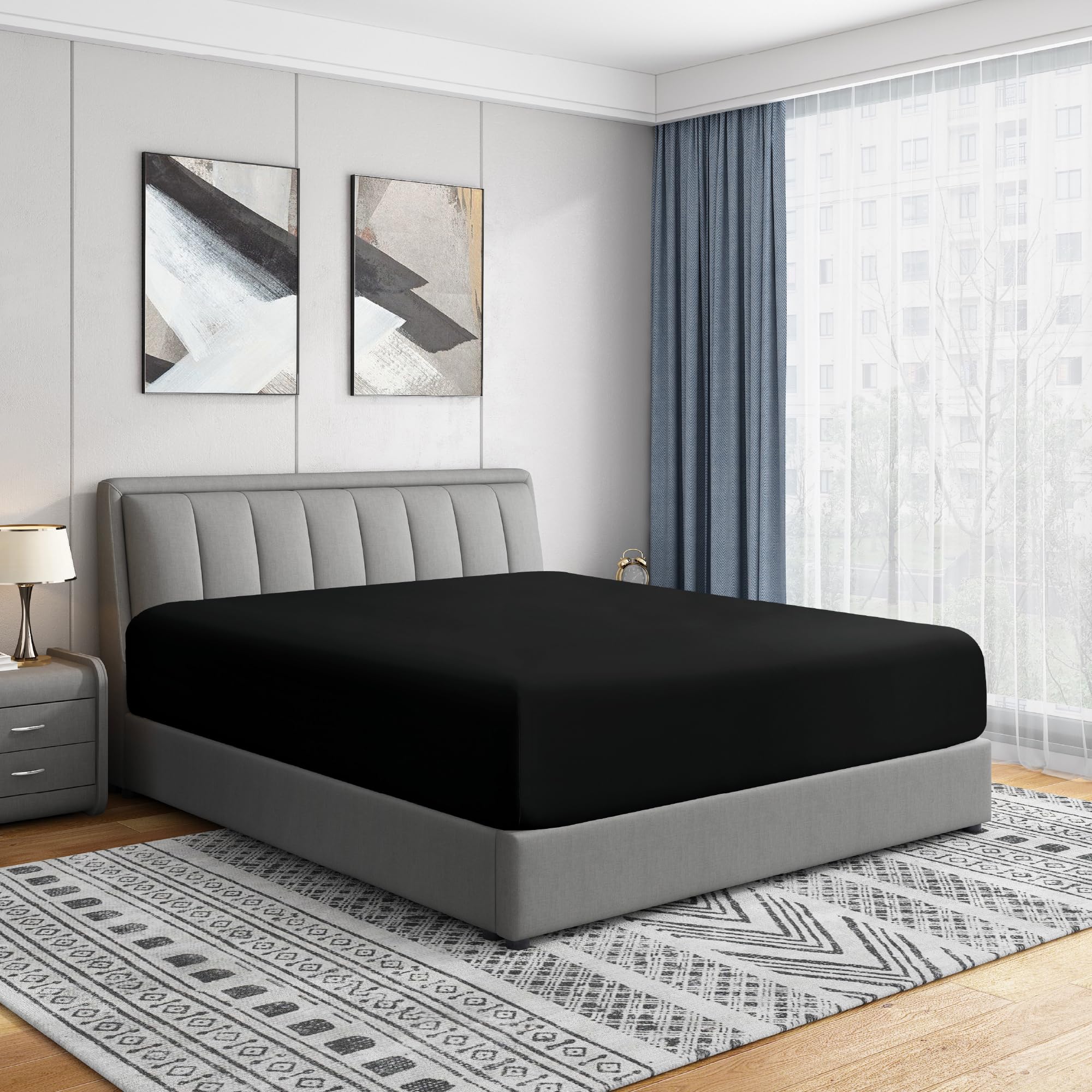 Cathay Home Queen Fitted Sheet - Double Brushed Ultra Soft – Wrinkle & Fade Resistant - 16" Deep Pocket Fitted Sheet Only - Good Fit for 14"-18" Deep Mattress (Queen, Black)