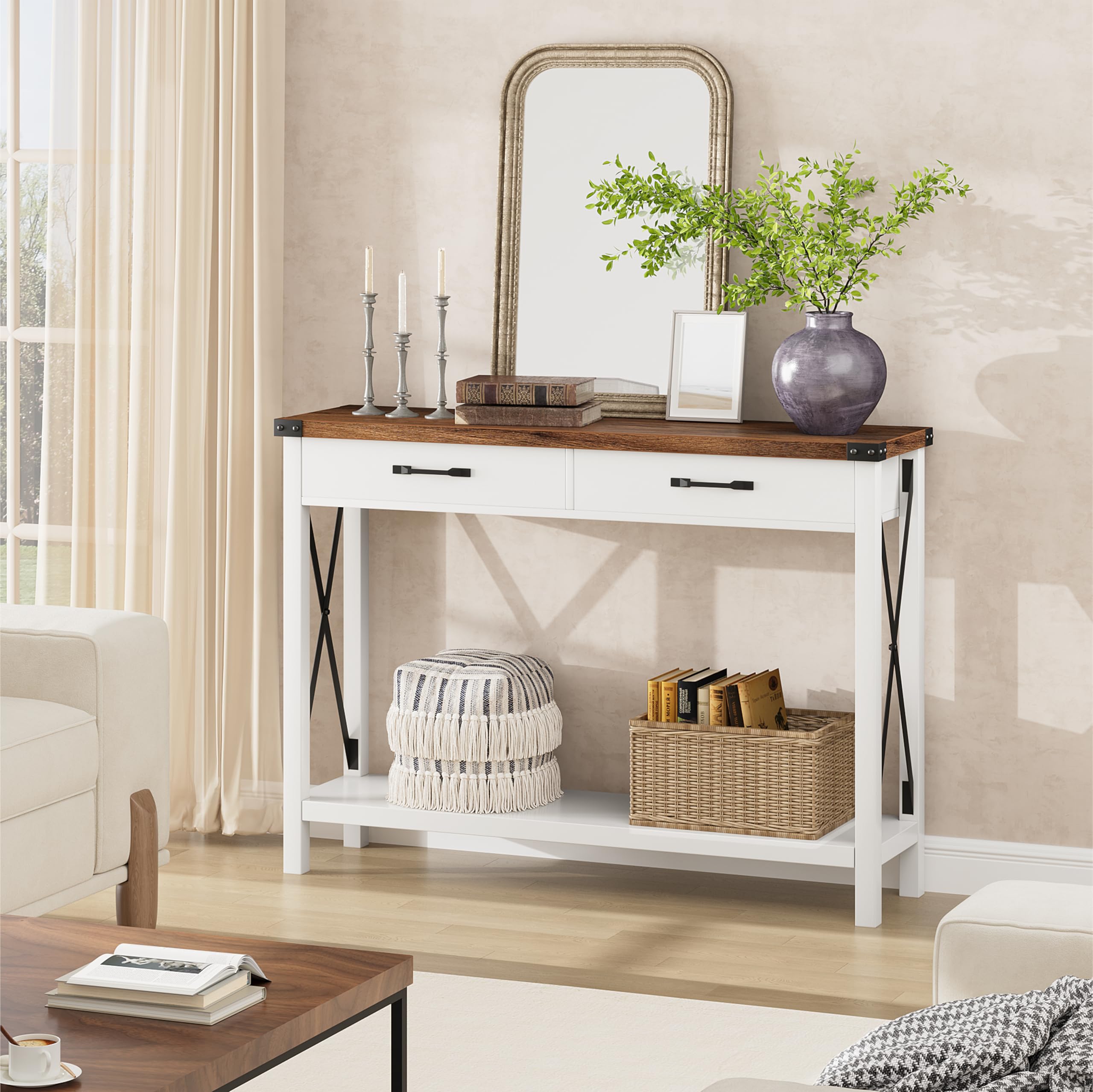 Garvee Mesa Consola Estrecha Estilo Rústico con 2 Cajones y Estante, Mueble Recibidor y Salón, Madera MDF Blanco y Marrón 109x30x79 cm