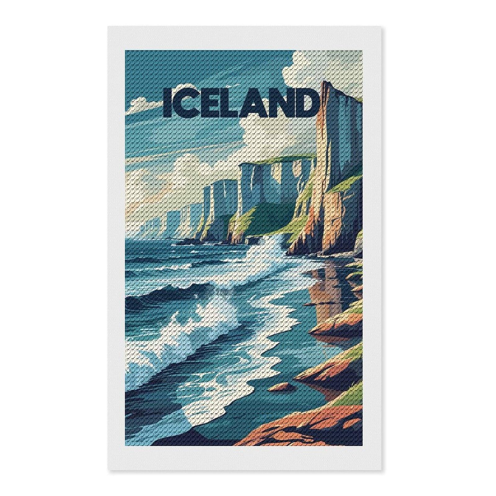 Junmoney Iceland Coastal Landscape Illustration Diamond Painting Canvas Kit 12"x20", Round Gems, Living Room Decor, Seasonal Gift Choice, Modern Decor