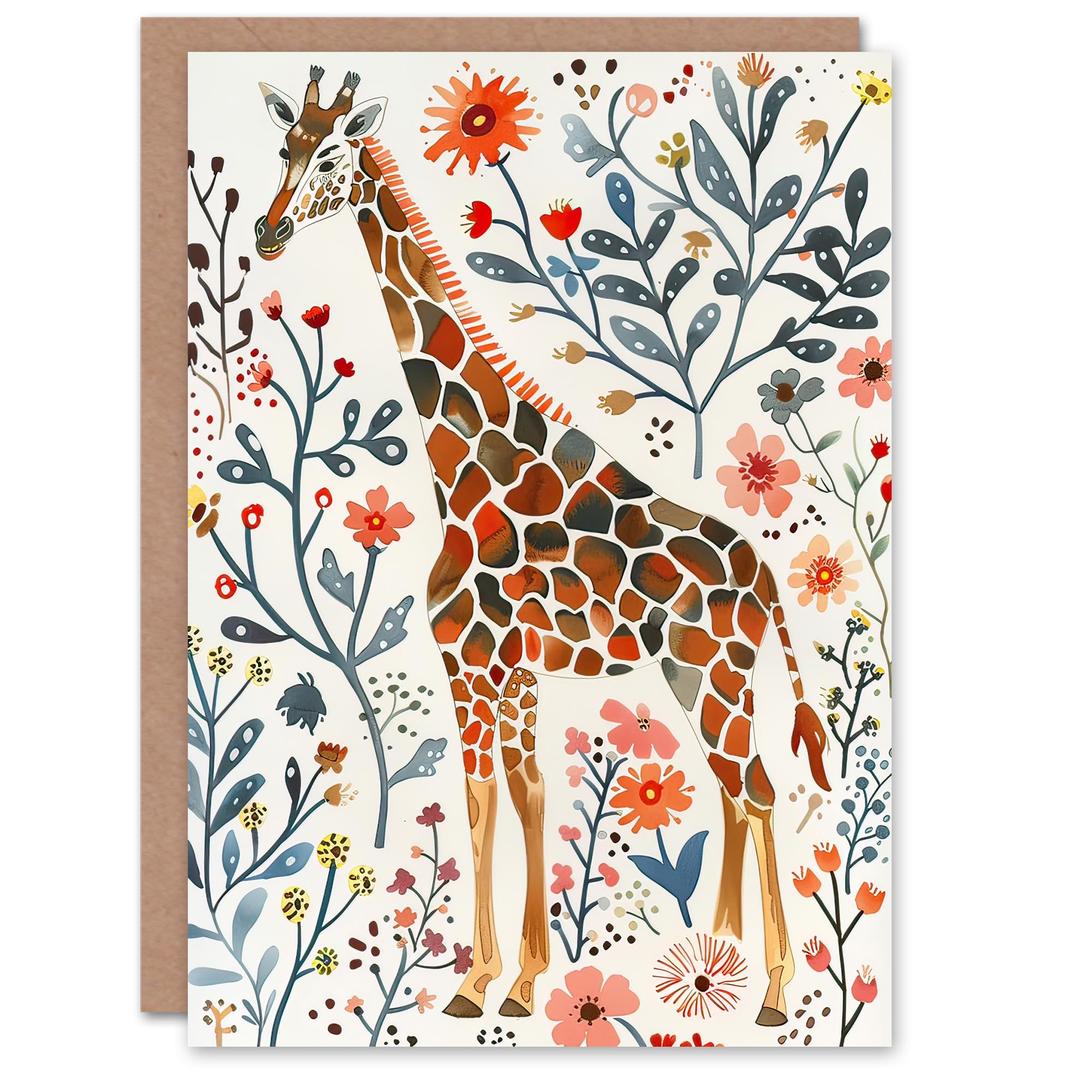 Artery8 Greeting Card Giraffe with Wildflowers Watercolour Folk Art Birthday