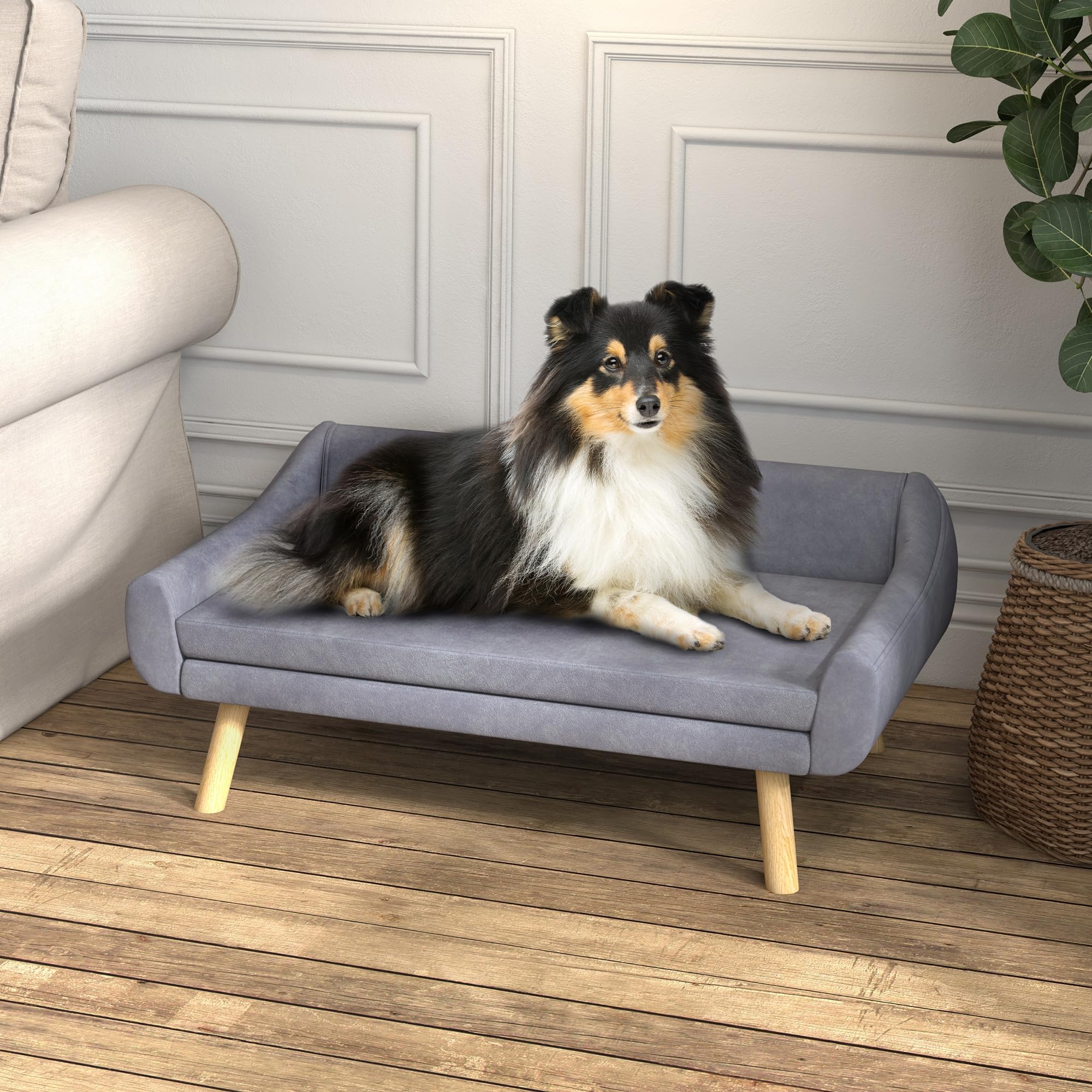 PawHut Canapé pour Chien Chat Design scandinave Coussin Moelleux Amovible Tissu Aspect Velours Pieds Bois Massif 102L x 58,5P x 42,5H cm, Gris