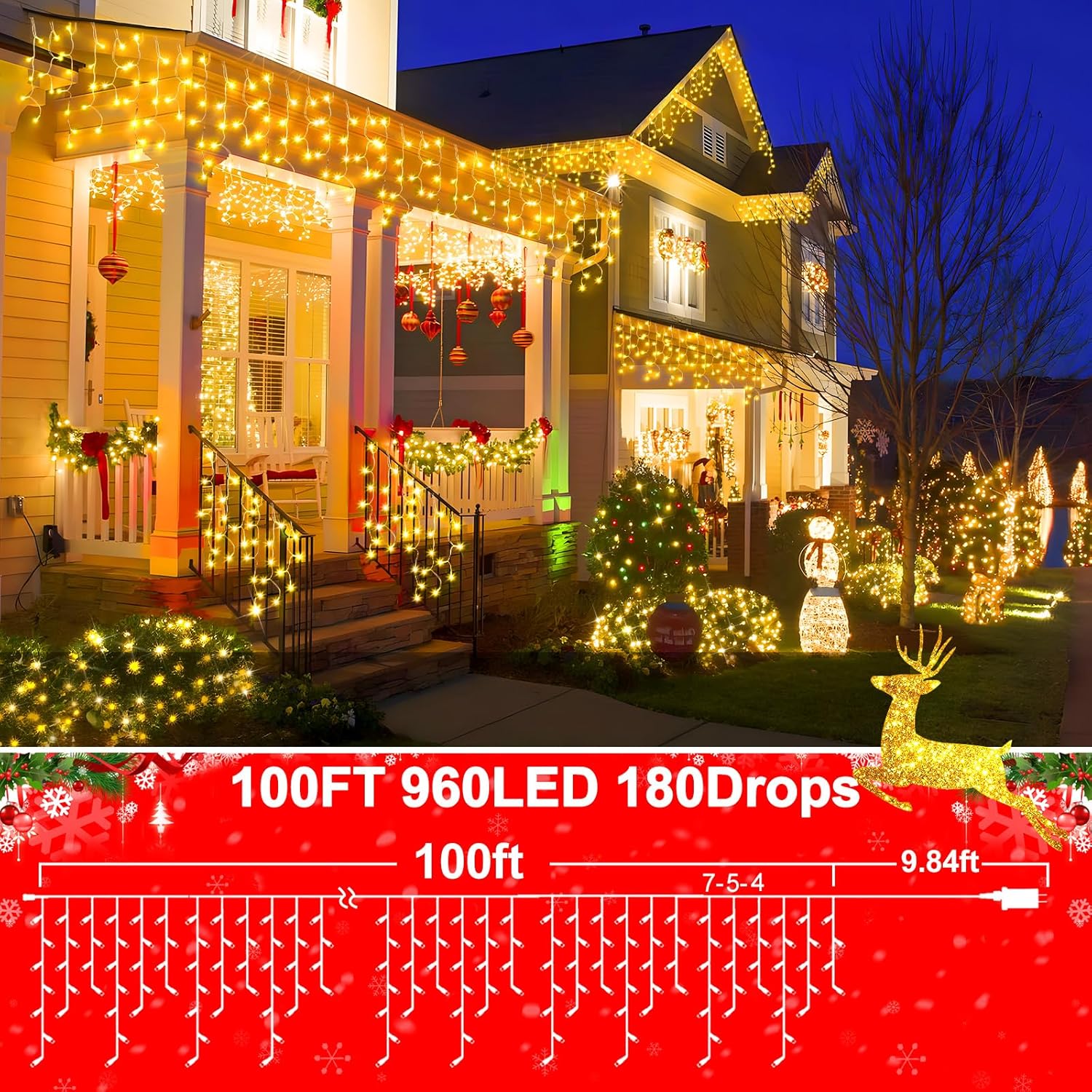 SAUIRS 100FT 960 LED Christmas Lights Outdoor Decorations with 180 Drops Timer 8Mode Curtaing String Lights Waterproof Plug in Fairy Lights for Indoor,Xmas,Party,Patio,Window,Trees Decor(Warm White)
