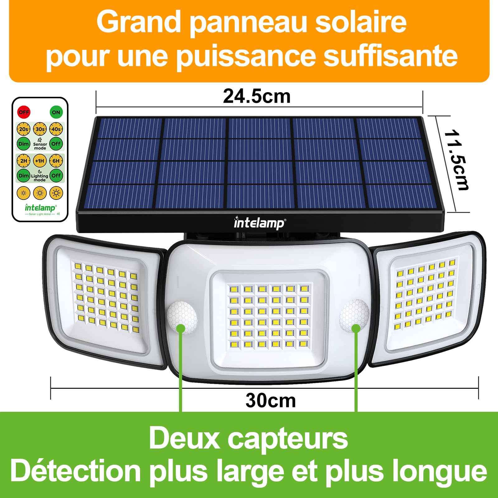 intelamp Lampe Solaire Exterieur avec Detecteur de Mouvement | 4 Modes & Télécommande Eclairage Solaire,IP65 Etanche Projecteur Solaire Exterieur pour Jardin, Garage, Patio