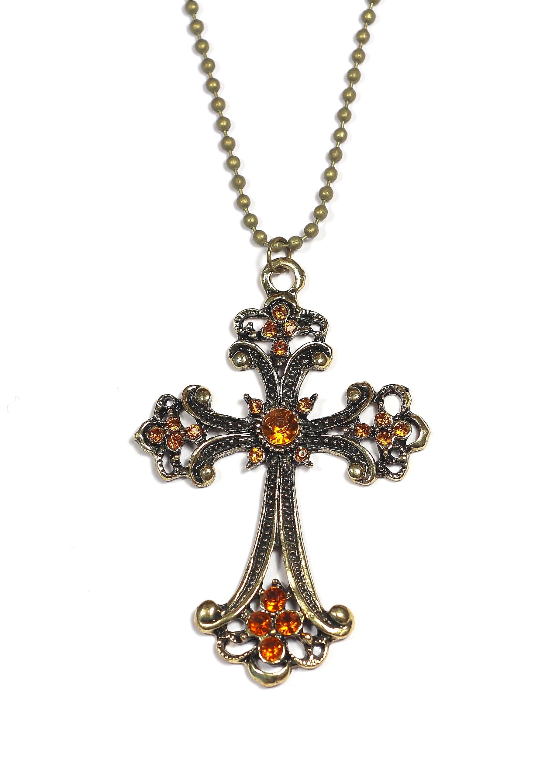 Amber Crystal Cross Necklace Vintage Gold Tone Christian NC05 Charm Antique Pendant Fashion Jewelry