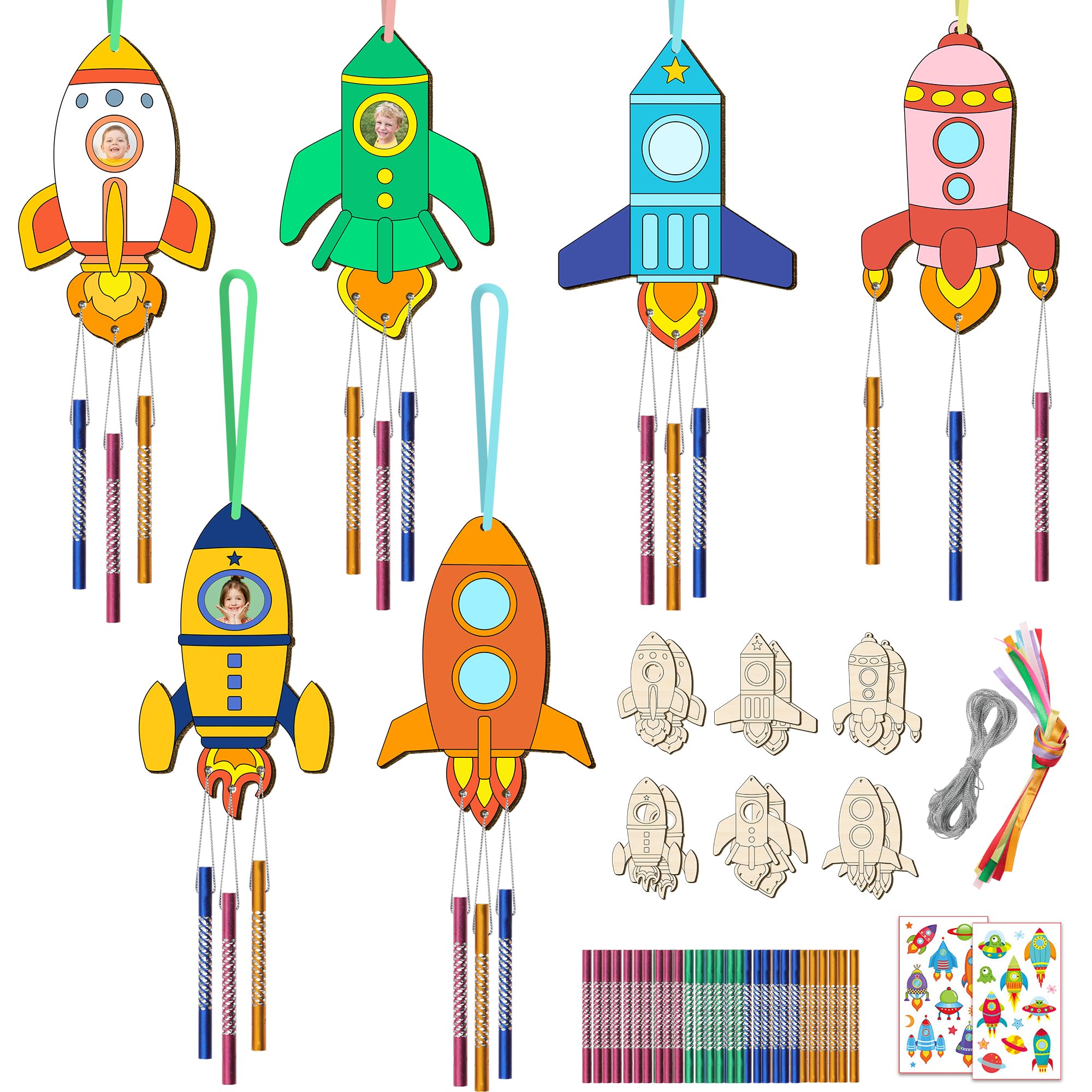 TREACLUB 12PCS Rocket Wind Chime Kit for Kids Make Your Own Space Wooden Wind Chime DIY Coloring Wood Crafts Outer Space Crafts Ornaments for Boys
