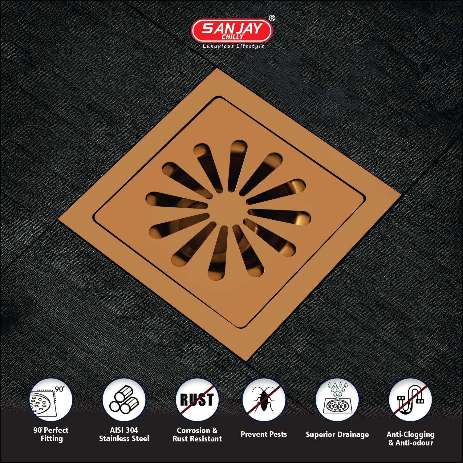 Sanjay Chilly Square Ezee SS Floor Drain for Bathroom Colour Collection | 304 Grade Anti Cockroach | Waste Water Drainer Shower Channel Sink Bathtub & Toilet (TOF Rose Gold 6x6 Inch) 3