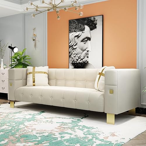 Miniatura 5 de TUBAIHON Sofá de terciopelo beige de 89 pulgadas para 3 personas, sofá moderno de mediados de siglo, cómodo sofá de 3 plazas con patas de metal